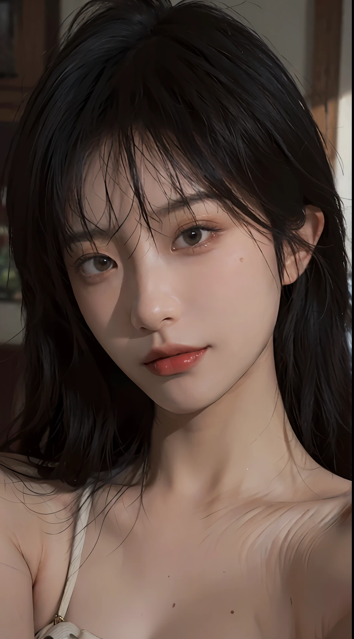 8K, Best Quality, Masterpiece, Ultra High Resolution, (Realism: 1.4), Original Photo, (Realistic Skin Texture: 1.3), (Film Grain: 1.3), (Selfie Angle), 1 Girl, Beautiful Eyes and Face Details, Masterpiece, Best Quality, Close-up, Upper Body, Looking at the Viewer