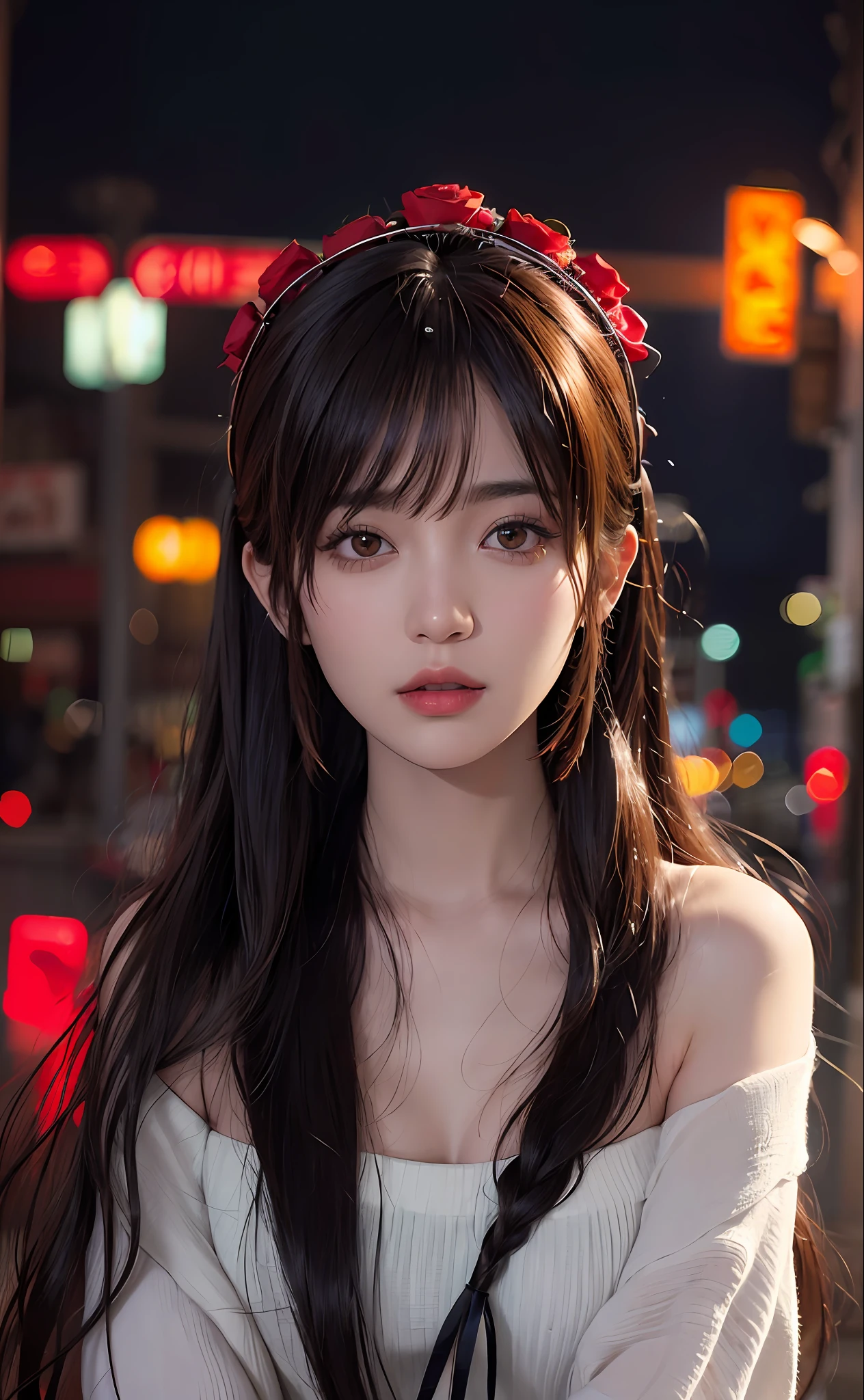 1girl, Tokyo street,night, cityscape,city lights, upper body,close-up, 8k, RAW photo, best quality, masterpiece,realistic, photo-realistic,headgear of red rose, parted bangs, long hair,