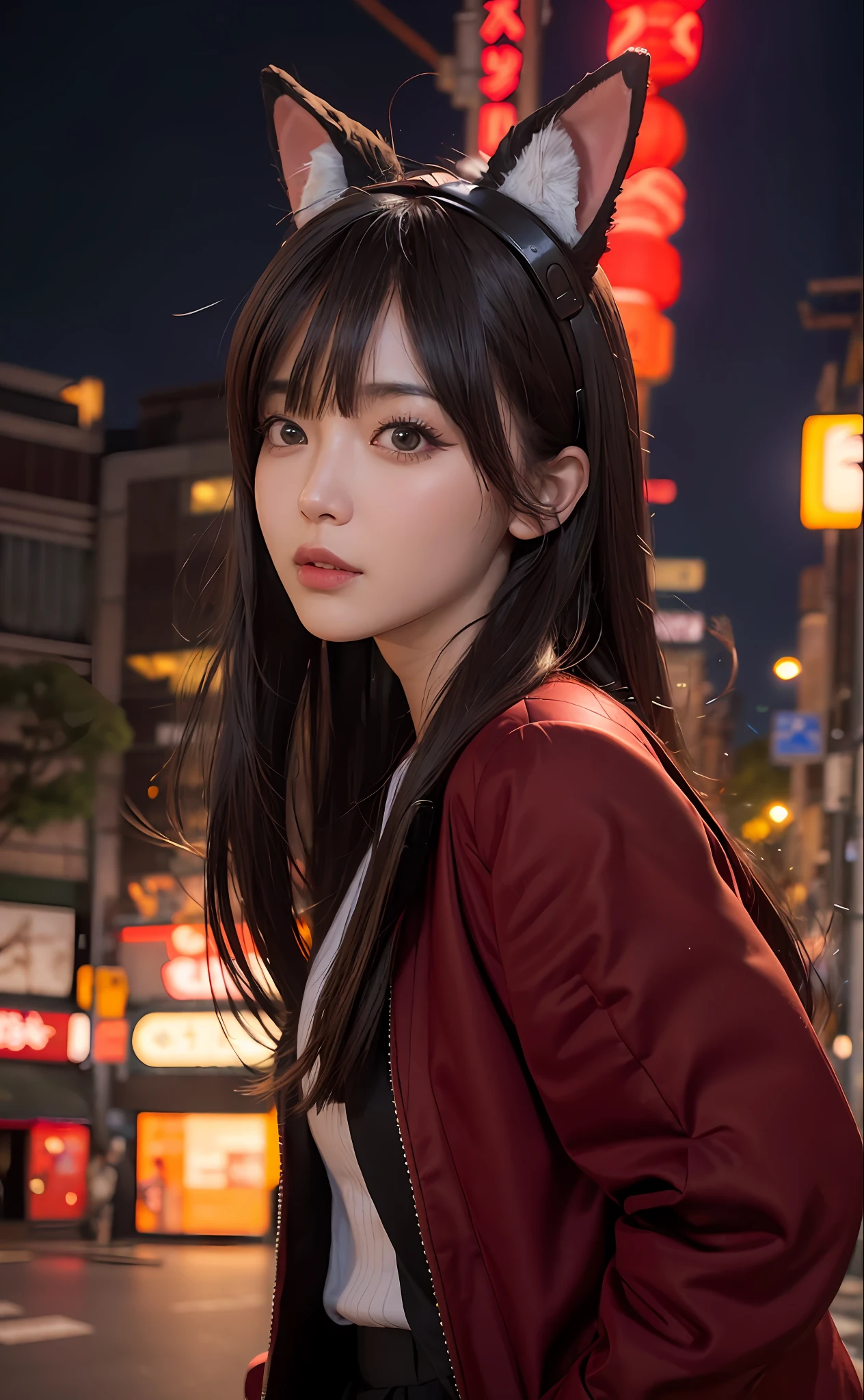 1girl, Tokyo street,night, cityscape,city lights, upper body,close-up, 8k, RAW photo, best quality, masterpiece,realistic, photo-realistic,headgear of red rose, parted bangs, long hair,