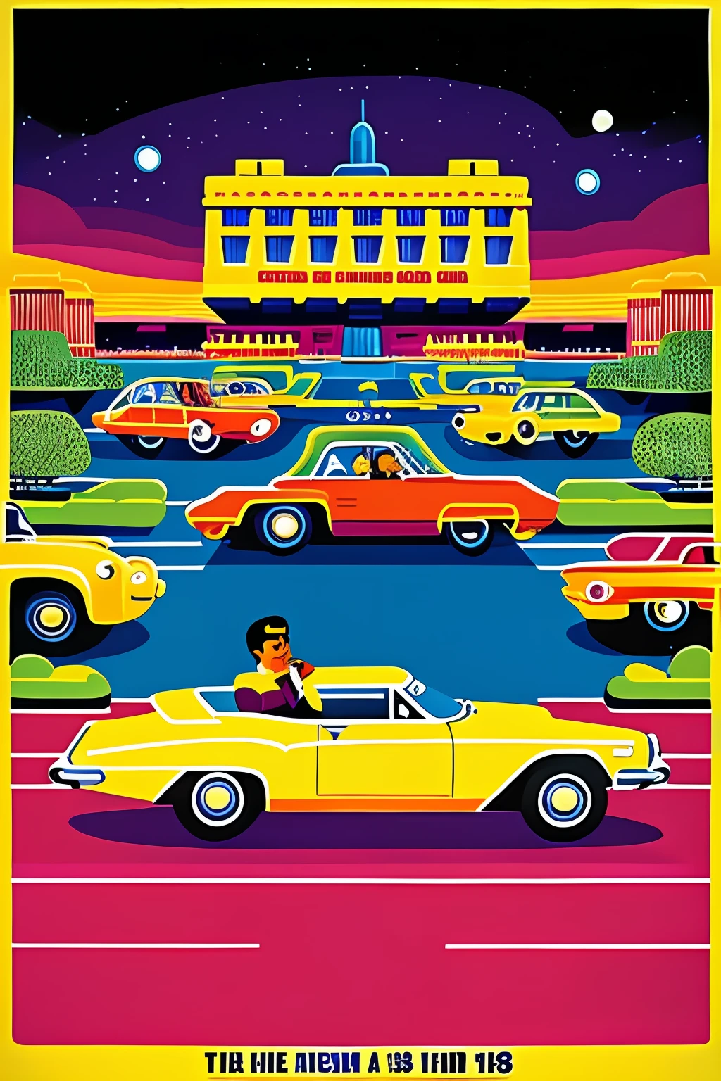 there is a poster of a man with a car on a street, 70s poster, 6 0 s poster, 60s poster, movie poster from 1960s, inspired by Tomek Setowski, 1 9 7 0 s movie poster, illustrated poster, movie poster 7 0's, 1 9 7 0 s poster, psychedelic illustration