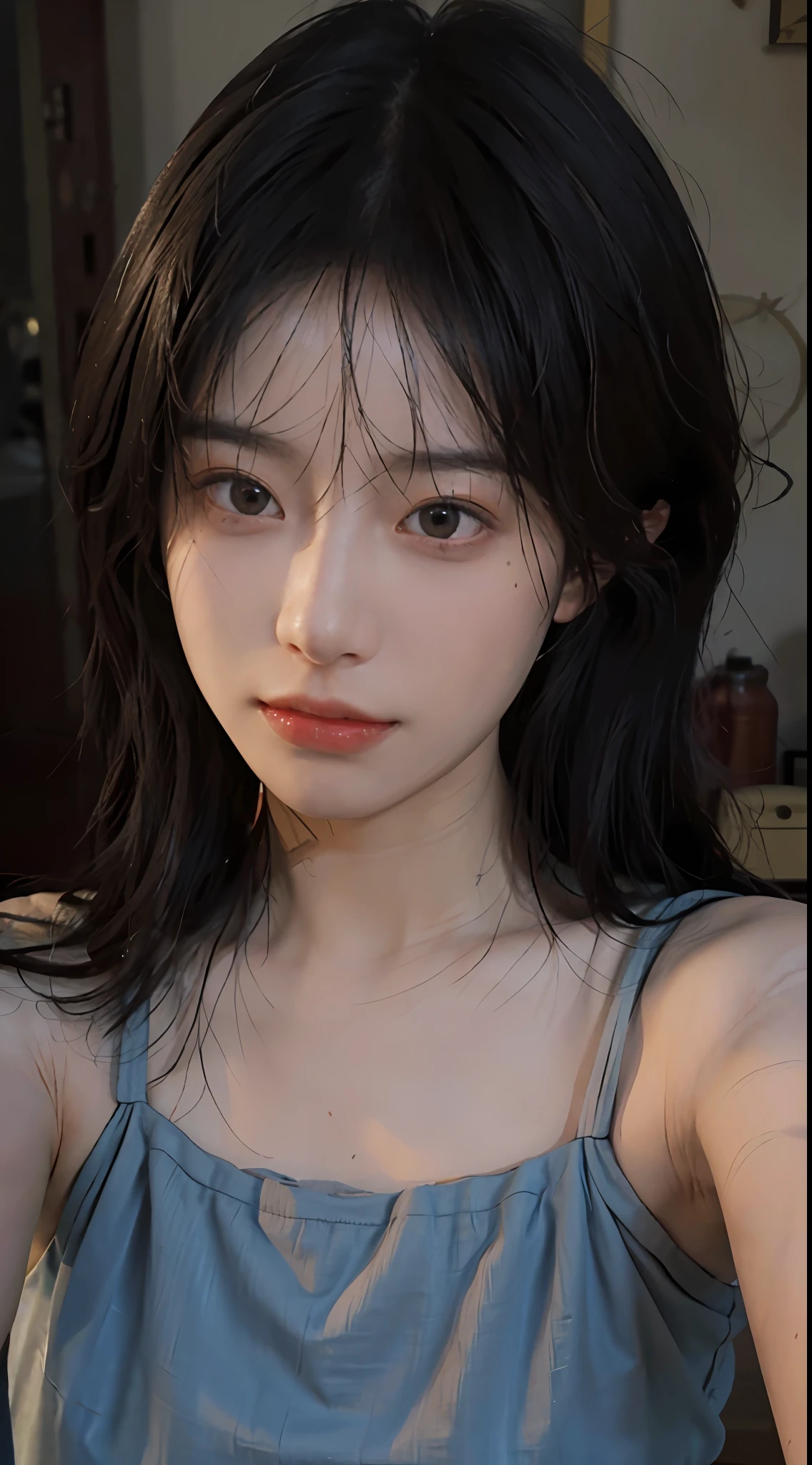 8K, Best Quality, Masterpiece, Ultra High Resolution, (Realism: 1.4), Original Photo, (Realistic Skin Texture: 1.3), (Film Grain: 1.3), (Selfie Angle), 1 Girl, Beautiful Eyes and Face Details, Masterpiece, Best Quality, Close-up, Upper Body, Looking at the Viewer