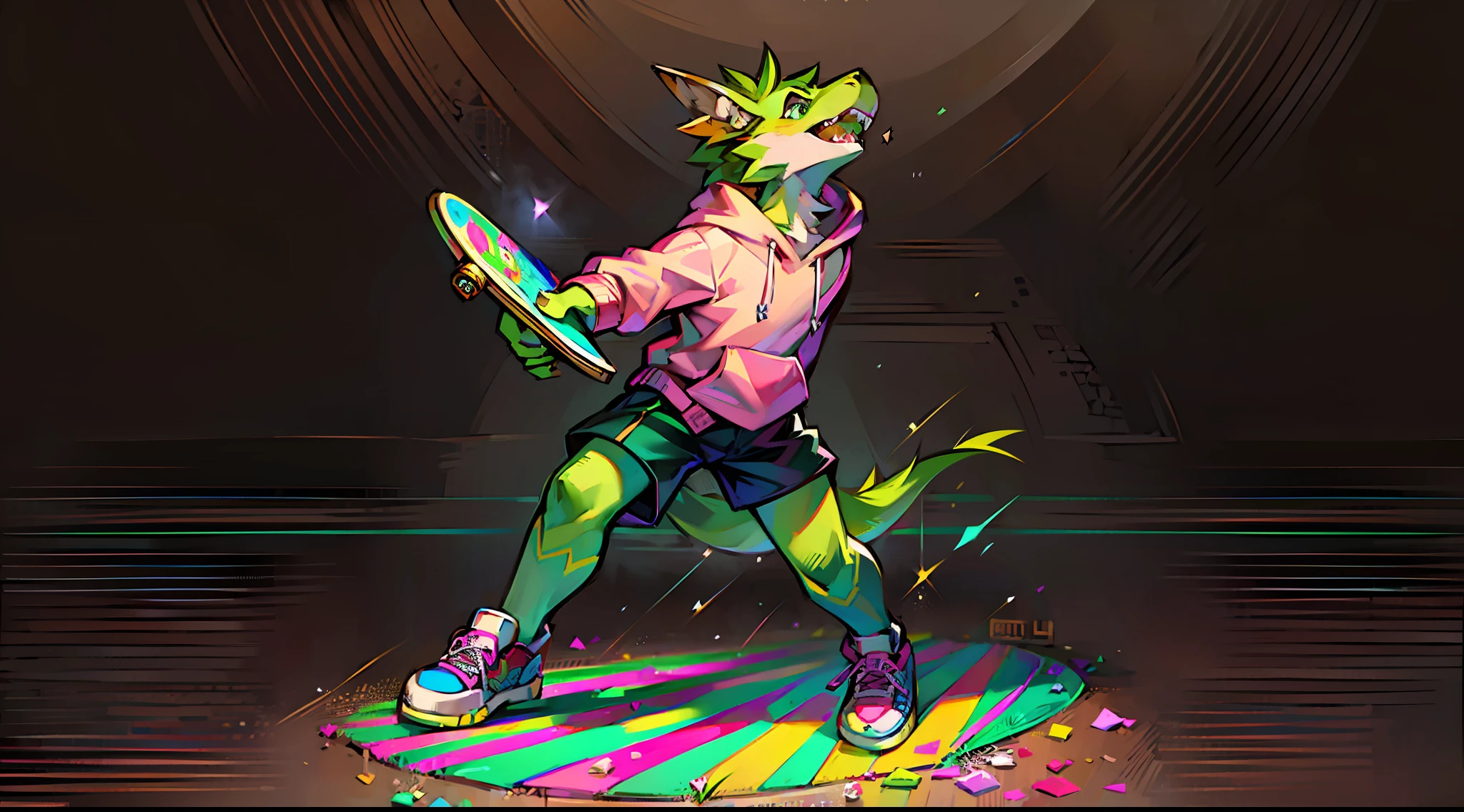 In the open field, a yellow-green furry dragon wearing a hoodie, with pink triangle scarf and shorts sneakers, playing skateboarding, thick paint style, (best image quality: 1.2), (absolute masterpiece: 1.2), (super fine 8K wallpaper: 1.2), (clear), (suitable for art books: 1.1)
