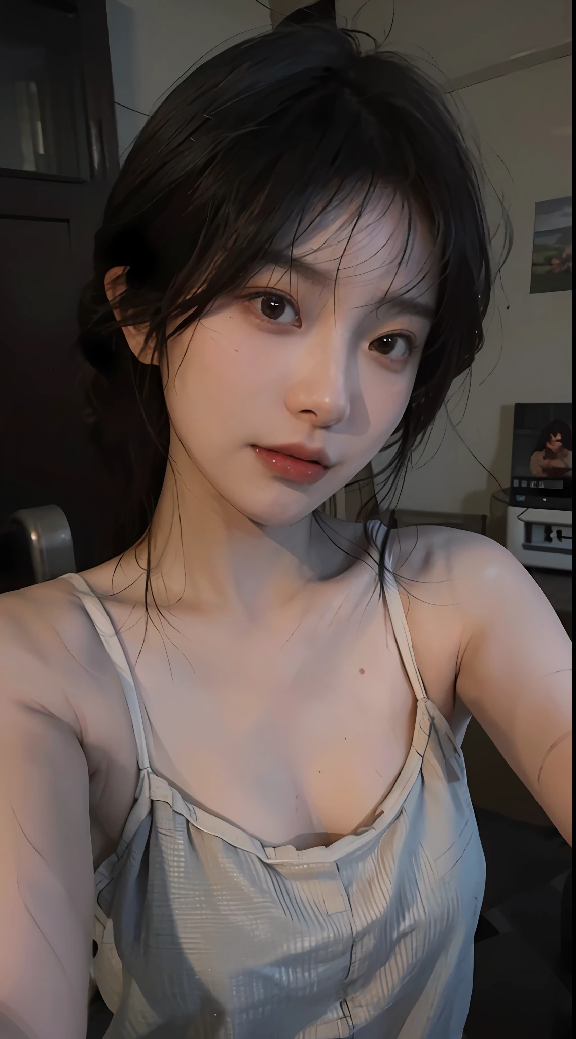 8K, Best Quality, Masterpiece, Ultra High Resolution, (Realism: 1.4), Original Photo, (Realistic Skin Texture: 1.3), (Film Grain: 1.3), (Selfie Angle), 1 Girl, Beautiful Eyes and Face Details, Masterpiece, Best Quality, Close-up, Upper Body, Looking at the Viewer