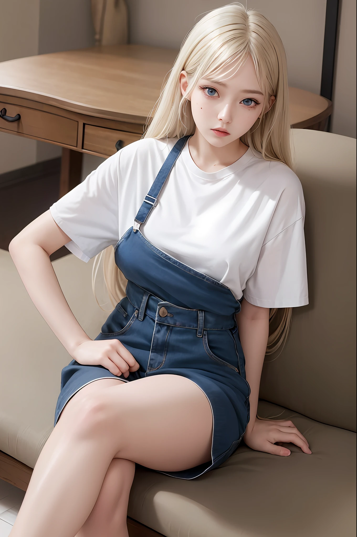 realistic, high resolution, girl, silver, blonde, korean, kpop, blue eyes, small moles under the eyes, loose white shirt, sports shorts, big house, thick thighs, legs crossed, sitting, pale skin, melancholy eyes