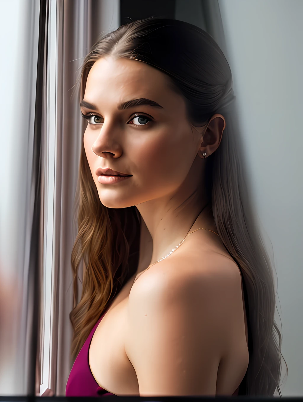 (Masterpiece) Create a ultrarealistic photograph of a beautiful and thoughtful young lady, looking through a window in a rainy day, drops of rain are dripping throughout the window glass, unreal engine, 85 mm, intimate, photograph, wonder, amazement, cinematic lighting --no back view, empty wonder, amazement, cinematic, 8k, --no back view, empty, stock photo, movie still, cinematic lighting. photograph, detailed symmetric realistic face, extremely detailed natural texture, peach fuzz, long hair, masterpiece, absurdres, nikon d850 film stock photograph, kodak portra 400 camera f1.6 lens, extremely detailed, amazing, fine detail, hyper realistic lifelike texture, dramatic lighting, unrealengine, trending on artstation, cinestill 800 tungsten, looking through the window , photo realistic, RAW photo, TanvirTamim, high quality, highres, sharp focus, extremely detailed, cinematic lighting, 8k uhd,-imagine-