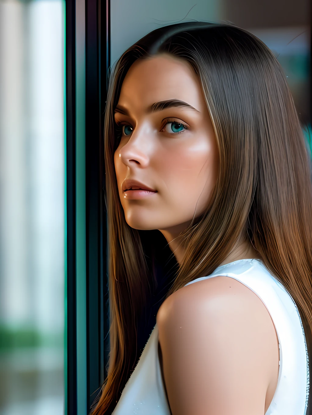 (Masterpiece) Create a ultrarealistic photograph of a beautiful and thoughtful young lady, looking through a window in a rainy day, drops of rain are dripping throughout the window glass, unreal engine, 85 mm, intimate, photograph, wonder, amazement, cinematic lighting --no back view, empty wonder, amazement, cinematic, 8k, --no back view, empty, stock photo, movie still, cinematic lighting. photograph, detailed symmetric realistic face, extremely detailed natural texture, peach fuzz, long hair, masterpiece, absurdres, nikon d850 film stock photograph, kodak portra 400 camera f1.6 lens, extremely detailed, amazing, fine detail, hyper realistic lifelike texture, dramatic lighting, unrealengine, trending on artstation, cinestill 800 tungsten, looking through the window , photo realistic, RAW photo, TanvirTamim, high quality, highres, sharp focus, extremely detailed, cinematic lighting, 8k uhd,-imagine-