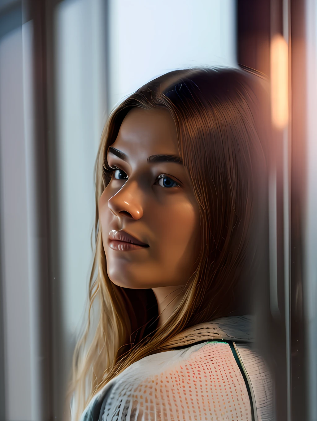 (Masterpiece) Create a ultrarealistic photograph of a beautiful and thoughtful young lady, looking through a window in a rainy day, drops of rain are dripping throughout the window glass, unreal engine, 85 mm, intimate, photograph, wonder, amazement, cinematic lighting --no back view, empty wonder, amazement, cinematic, 8k, --no back view, empty, stock photo, movie still, cinematic lighting. photograph, detailed symmetric realistic face, extremely detailed natural texture, peach fuzz, long hair, masterpiece, absurdres, nikon d850 film stock photograph, kodak portra 400 camera f1.6 lens, extremely detailed, amazing, fine detail, hyper realistic lifelike texture, dramatic lighting, unrealengine, trending on artstation, cinestill 800 tungsten, looking through the window , photo realistic, RAW photo, TanvirTamim, high quality, highres, sharp focus, extremely detailed, cinematic lighting, 8k uhd,-imagine-