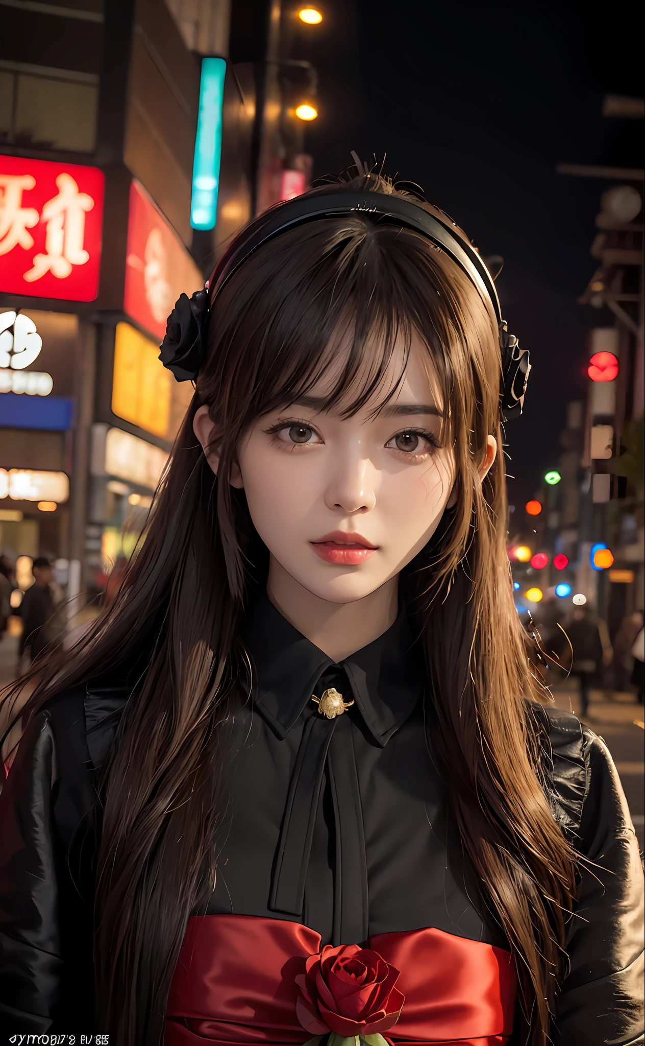 1girl, Tokyo street,night, cityscape,city lights, upper body,close-up, 8k, RAW photo, best quality, masterpiece,realistic, photo-realistic,headgear of red rose, parted bangs, long hair,