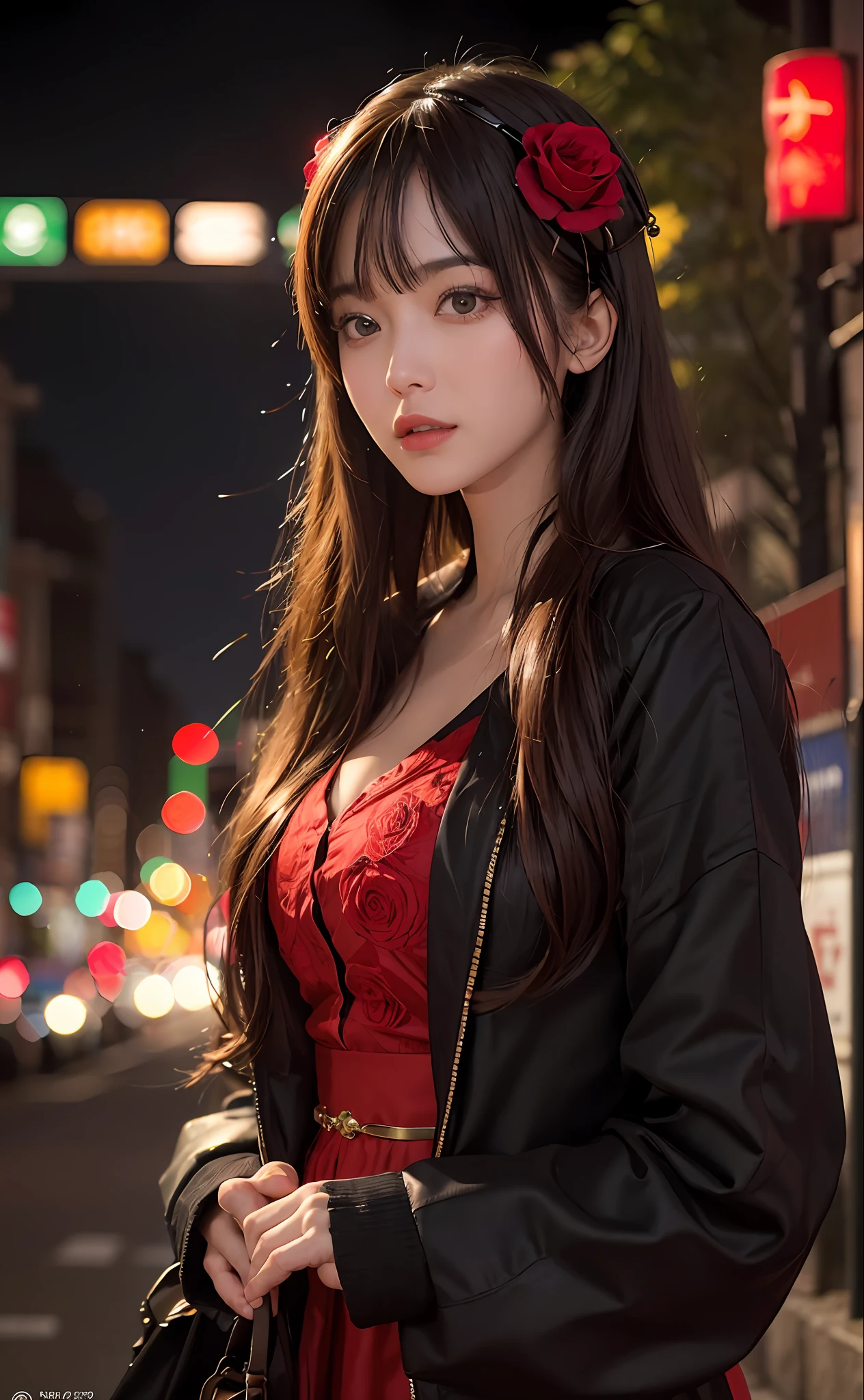 1girl, Tokyo street,night, cityscape,city lights, upper body,close-up, 8k, RAW photo, best quality, masterpiece,realistic, photo-realistic,headgear of red rose, parted bangs, long hair,