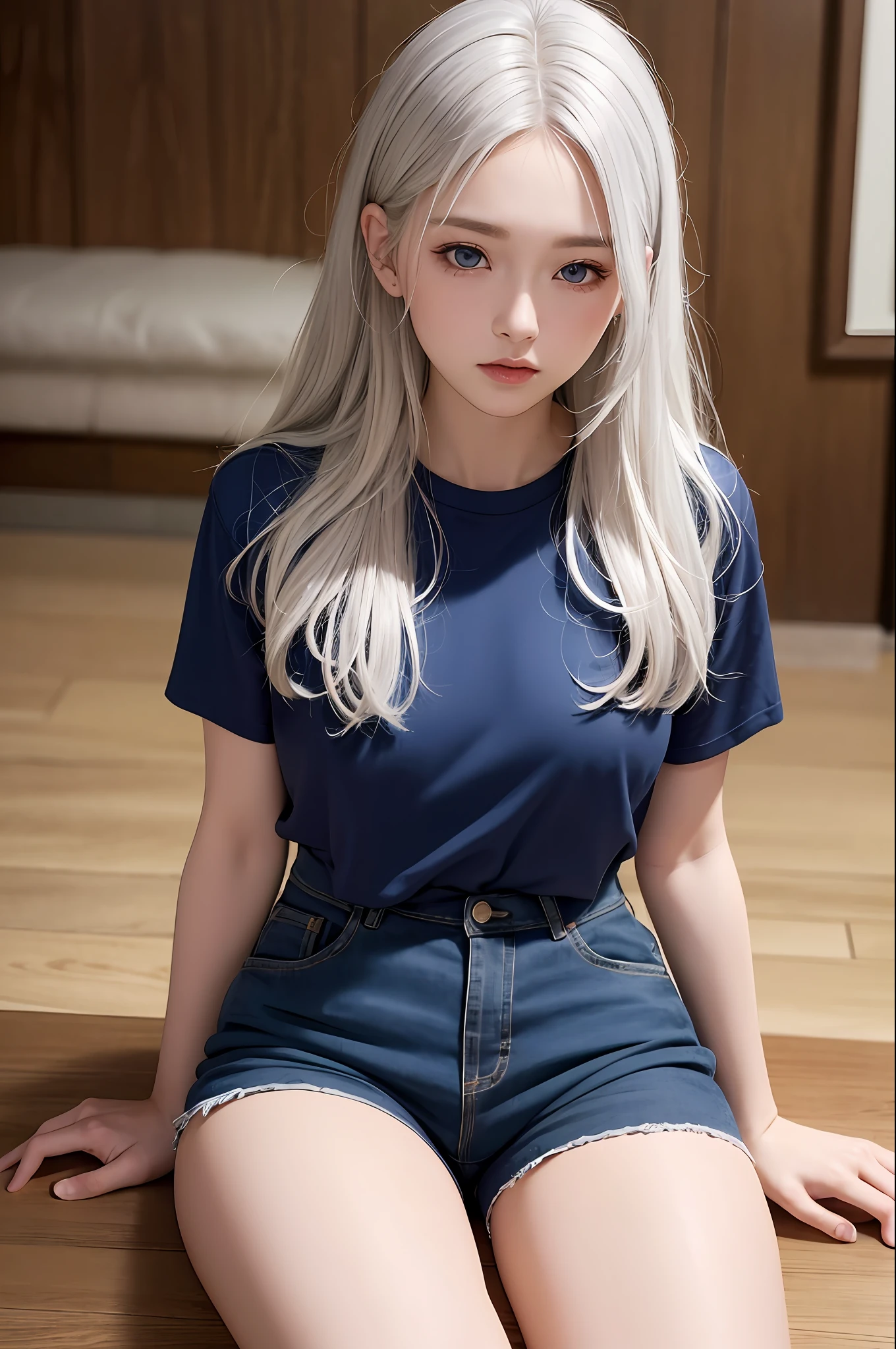 realistic, high resolution, girl, silver hair, korea, kpop member, blonde autumn, blue eyes, small mole under the eyes, loose white shirt, sports shorts, big house, thick thighs, legs crossed, sitting, glowing skin