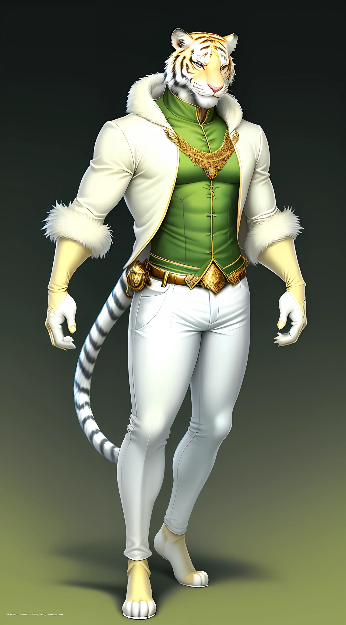 Furry art, white and light yellow tiger, full body, male, fancy clothing, hand paws, tail, blue poncho, shirt, belly exposed, pants, ornaments, innocent look, looking at the viewer, smile, smiling, comic art style, detailed fur, hairy body, 8K, dynamic lighting, beautiful, green background.