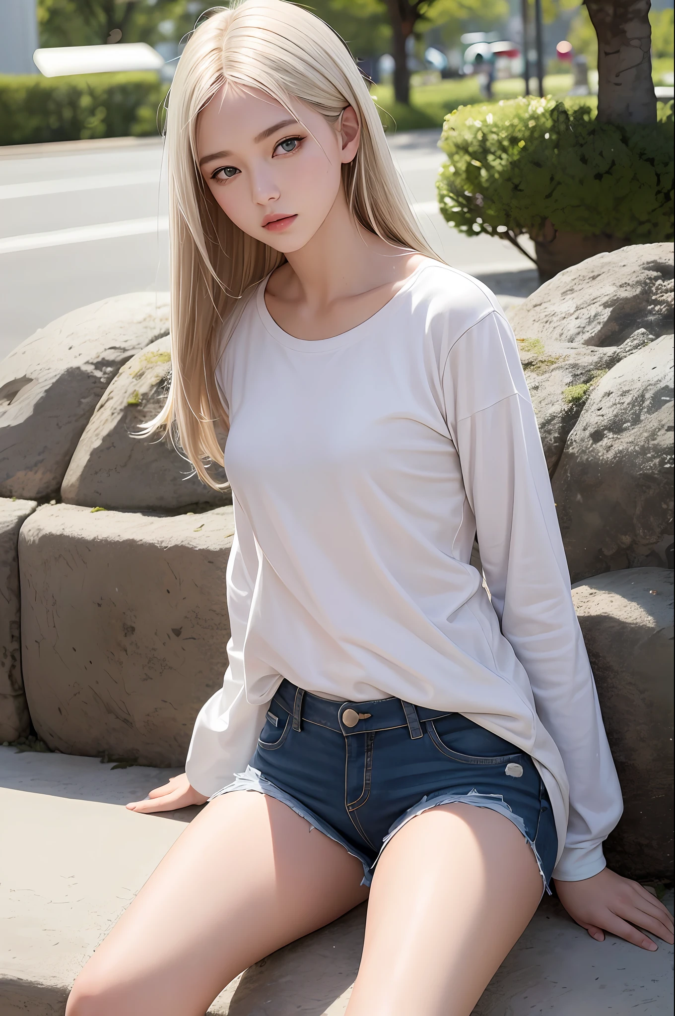 realistic, high resolution, girl, silver, blonde autumn, korea, kpop, blue eyes, small moles under the eyes, loose white shirt, sports shorts, big house, thick thighs, legs crossed, The composition should be a full-body shot, capturing the subject's playful pose and surroundings. --AR 16:9 --v 5.1 --Style original --q 2 --s 750, shirt, solo, ,masterpiece, best quality, high resolution, , with emphasis on the movement of her expressive face and body. Capture this dynamic scene with a Canon EOS 5D Mark IV DSLR and EF 50mm f/1.8 STM lens, where the lighting should be bright and natural, highlighting the youthful vitality of the subject.