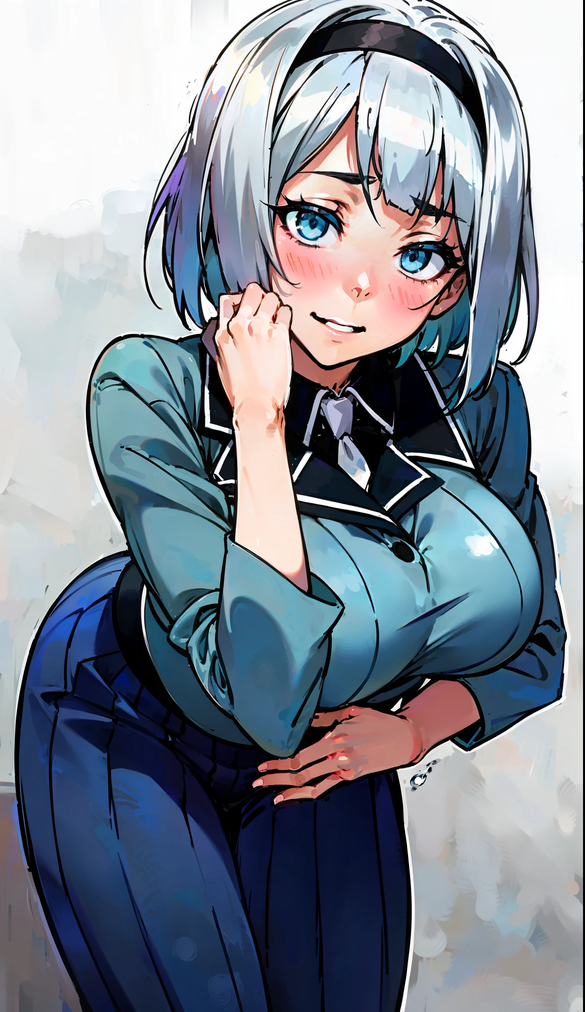 masterpiece, 8k, 4k, high quality, lustful anime girl with short silver hair and sea blue eyes, wearing black headband, gapmoe yandere in ecstacy, hands on face, flaunting luscious hips and massive breasts, wearing an untucked white school t-shirt with a buttoned up dark grey school overcoat, wearing a long blue school skirt and black leggings, https://www.pixiv.net/en/artworks/51735719, artist クシャビリア, anime shimoneta, pixiv top rankings, danbooru top rankings, good artist,