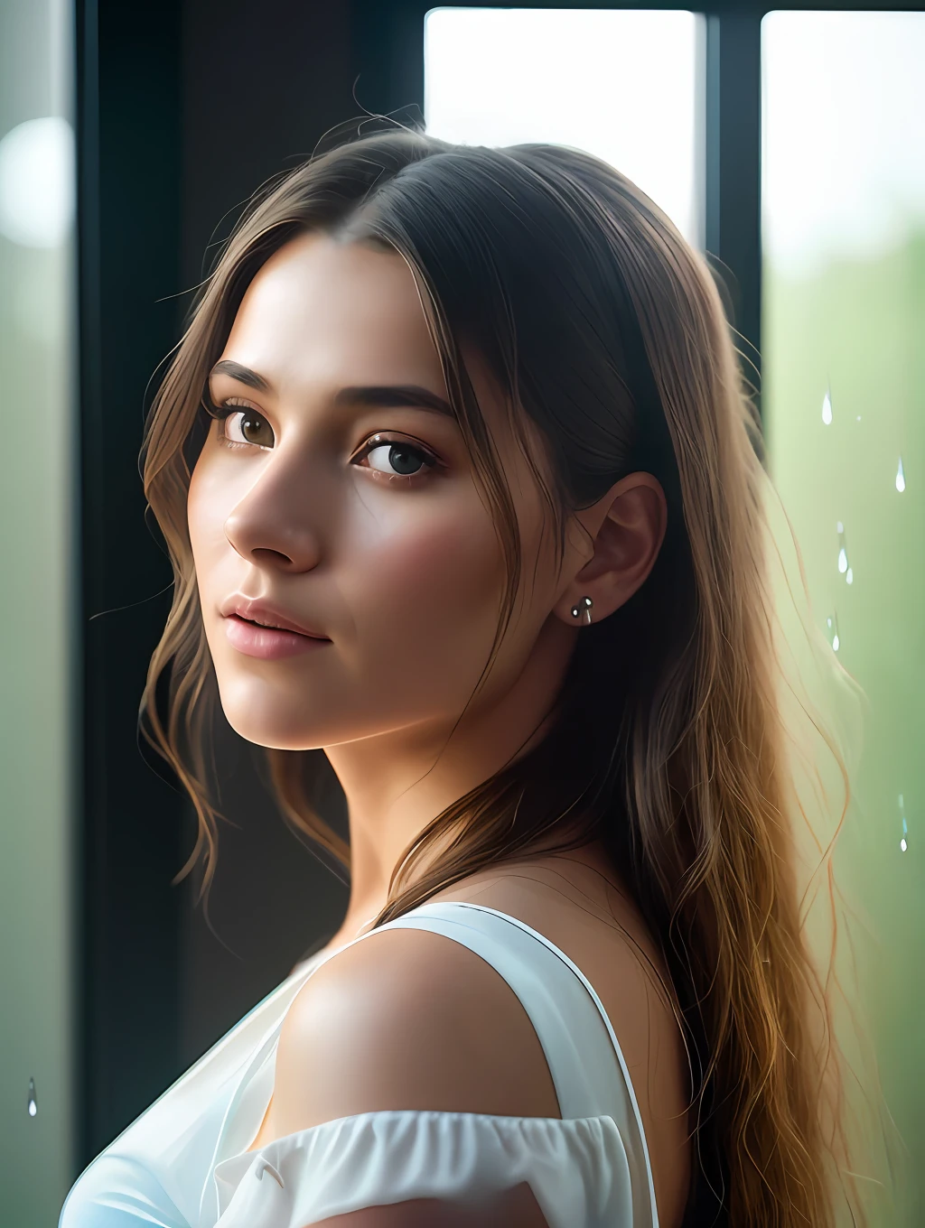 (Masterpiece) Create a ultrarealistic photograph of a beautiful and thoughtful young lady, looking through a window in a rainy day, drops of rain are dripping throughout the window glass, unreal engine, 85 mm, intimate, photograph, wonder, amazement, cinematic lighting --no back view, empty wonder, amazement, cinematic, 8k, --no back view, empty, stock photo, movie still, cinematic lighting. photograph, detailed symmetric realistic face, extremely detailed natural texture, peach fuzz, long hair, masterpiece, absurdres, nikon d850 film stock photograph, kodak portra 400 camera f1.6 lens, extremely detailed, amazing, fine detail, hyper realistic lifelike texture, dramatic lighting, unrealengine, trending on artstation, cinestill 800 tungsten, looking through the window , photo realistic, RAW photo, TanvirTamim, high quality, highres, sharp focus, extremely detailed, cinematic lighting, 8k uhd,-imagine-