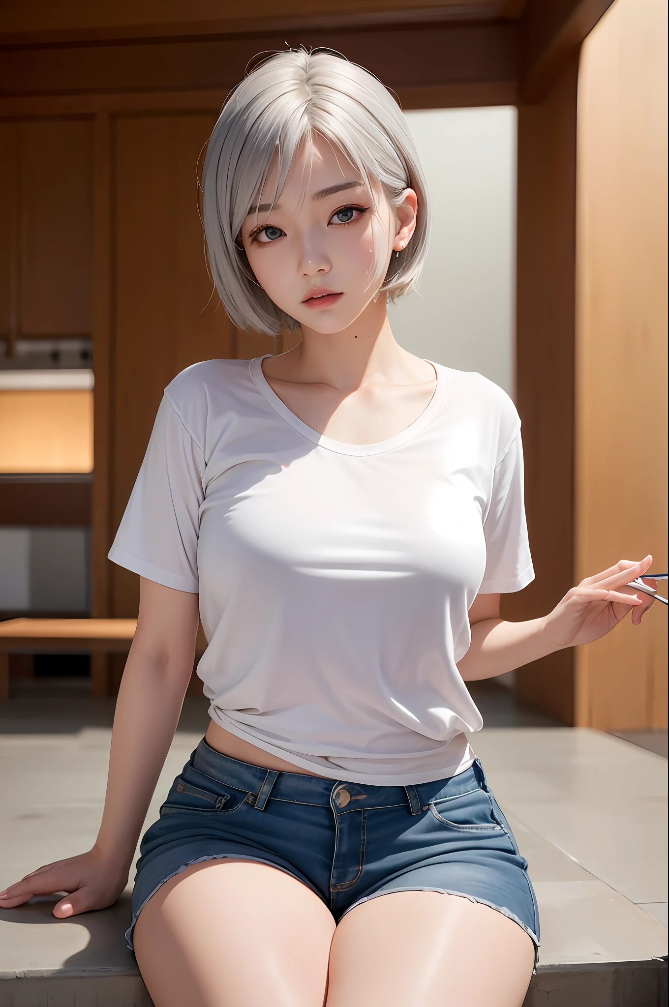 Realistic, high resolution, korean girl, short hair silver hair, kpop member, golden autumn, blue eyes, small moles under the eyes, loose white shirt, sports shorts, big house, thick thighs, legs crossed, dance