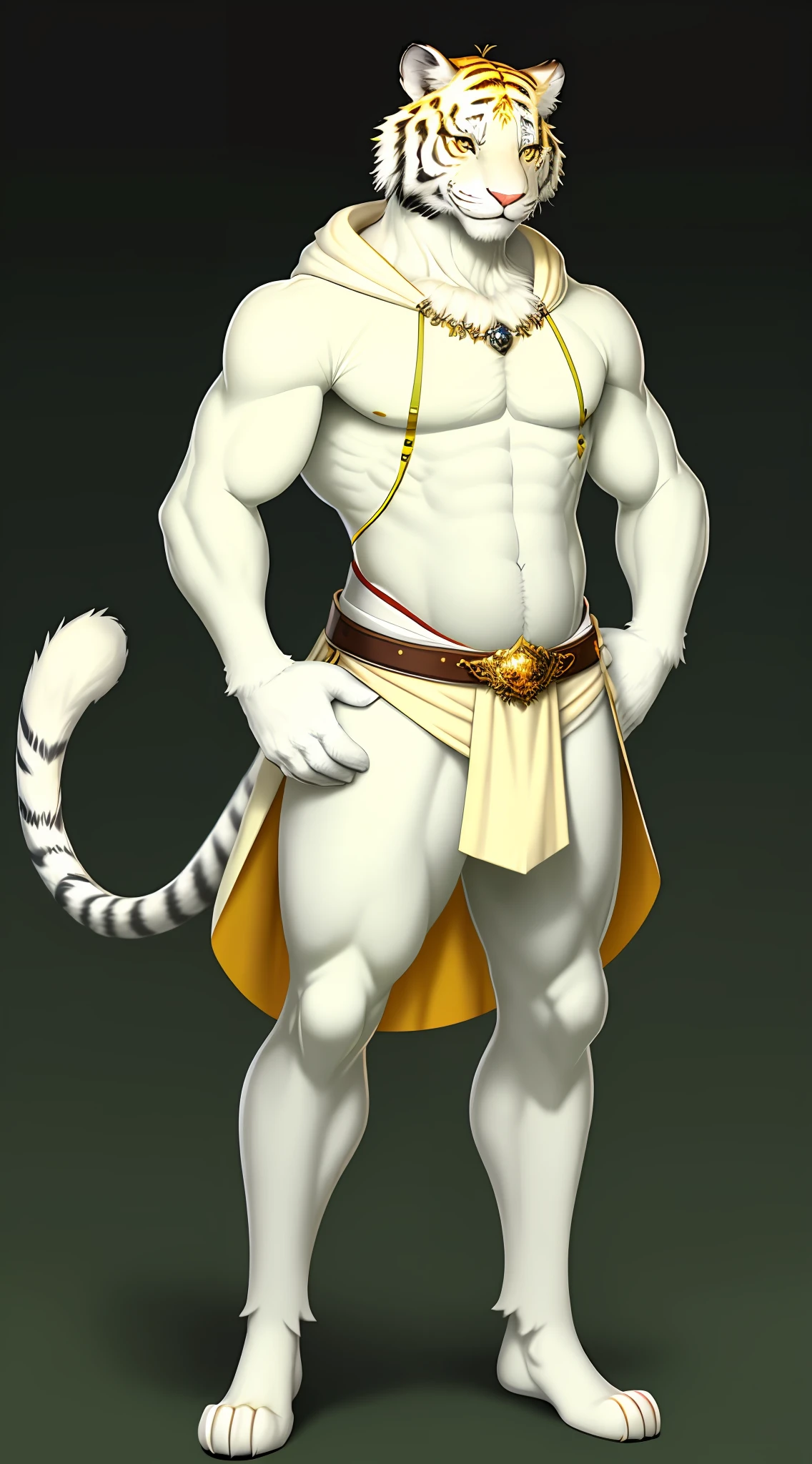 Furry art, white and light yellow tiger, full body, male, fancy clothing, hand paws, tail, blue poncho, shirt, belly exposed, pants, ornaments, innocent look, looking at the viewer, smile, smiling, comic art style, detailed fur, hairy body, 8K, dynamic lighting, beautiful, green background.