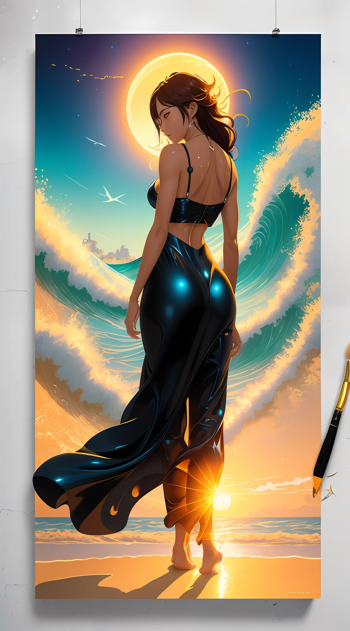 Painting a muscular woman with flowing transparent black robe, barefoot, leather pants and large breasts, walking on the sand, at night, big moon, shades of dark blue and white, galaxy, Makoto Shinkai Cyril Rolando, Makoto Shinkai. Digital Rendering, Masterpiece, Best Quality, (8k Very Detailed CG Unit Wallpaper) (Best Quality), (Best Illustration), (Best Shadow) Golden Waves, Bright Orange AOL Sunset Through the Waves, Golden Water Drops Flying, Rob Rey and Kennaro Miura Style, Sun-Hyuk Kim, Inspired by RHADS, Concept Art | Lard, Long transparent black cover, Guvez Style Art, back, moon tone blue, purple and light blue
