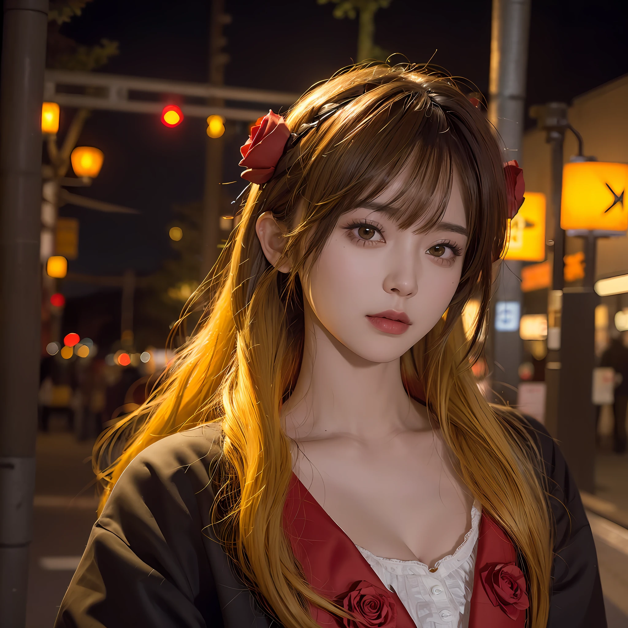1boy, Tokyo Street, Night, Cityscape, City Lights, Upper Body, Close-Up, 8k, RAW Photo, Best Quality, Masterpiece, Realism, Realism, Red Rose Headdress, Bangs, Long Hair, Yellow Hair Color