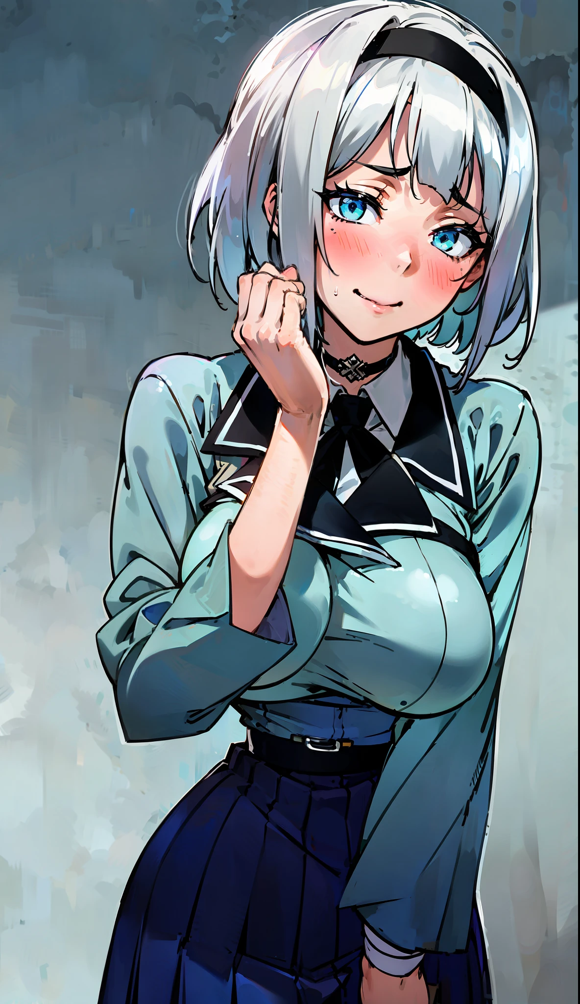 masterpiece, 8k, 4k, high quality, lustful anime girl with short silver hair and sea blue eyes, wearing black headband, gapmoe yandere in ecstacy, hands on face, flaunting luscious hips and massive breasts, wearing an untucked white school t-shirt with a buttoned up dark grey school overcoat, wearing a long blue school skirt and black leggings, https://www.pixiv.net/en/artworks/51735719, artist クシャビリア, anime shimoneta, pixiv top rankings, danbooru top rankings, good artist,