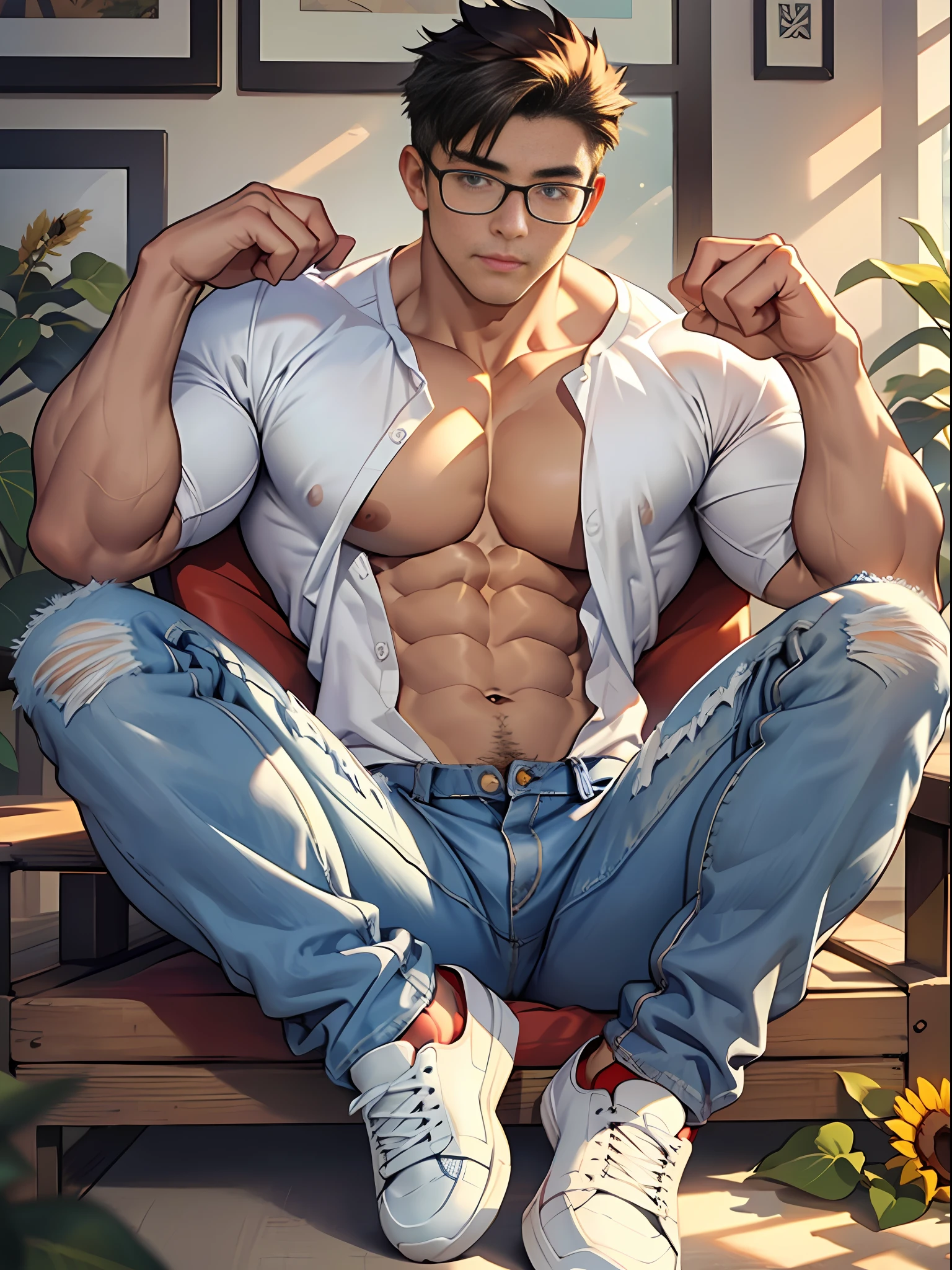 20 years old, round face, big eyes, Chinese male, white inch, huge muscles, exaggerated muscles, mature man, muscle swelling, bodybuilding, chest muscles, abs, lots of sunflowers, sitting position, wearing white shirt, open shirt, jeans, sneakers, natural light, wheat-colored skin, 1man, metal glasses