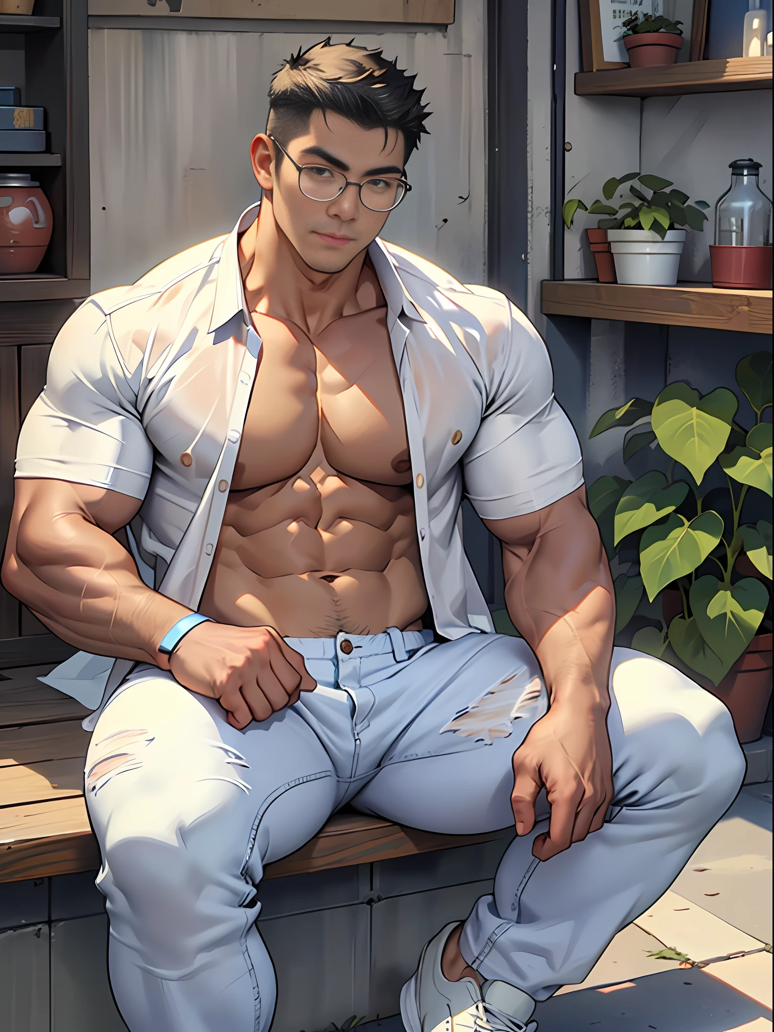 20 years old, round face, big eyes, Chinese male, white inch, huge muscles, exaggerated muscles, mature man, muscle swelling, bodybuilding, chest muscles, abs, lots of sunflowers, sitting position, wearing white shirt, open shirt, jeans, sneakers, natural light, wheat-colored skin, 1man, metal glasses