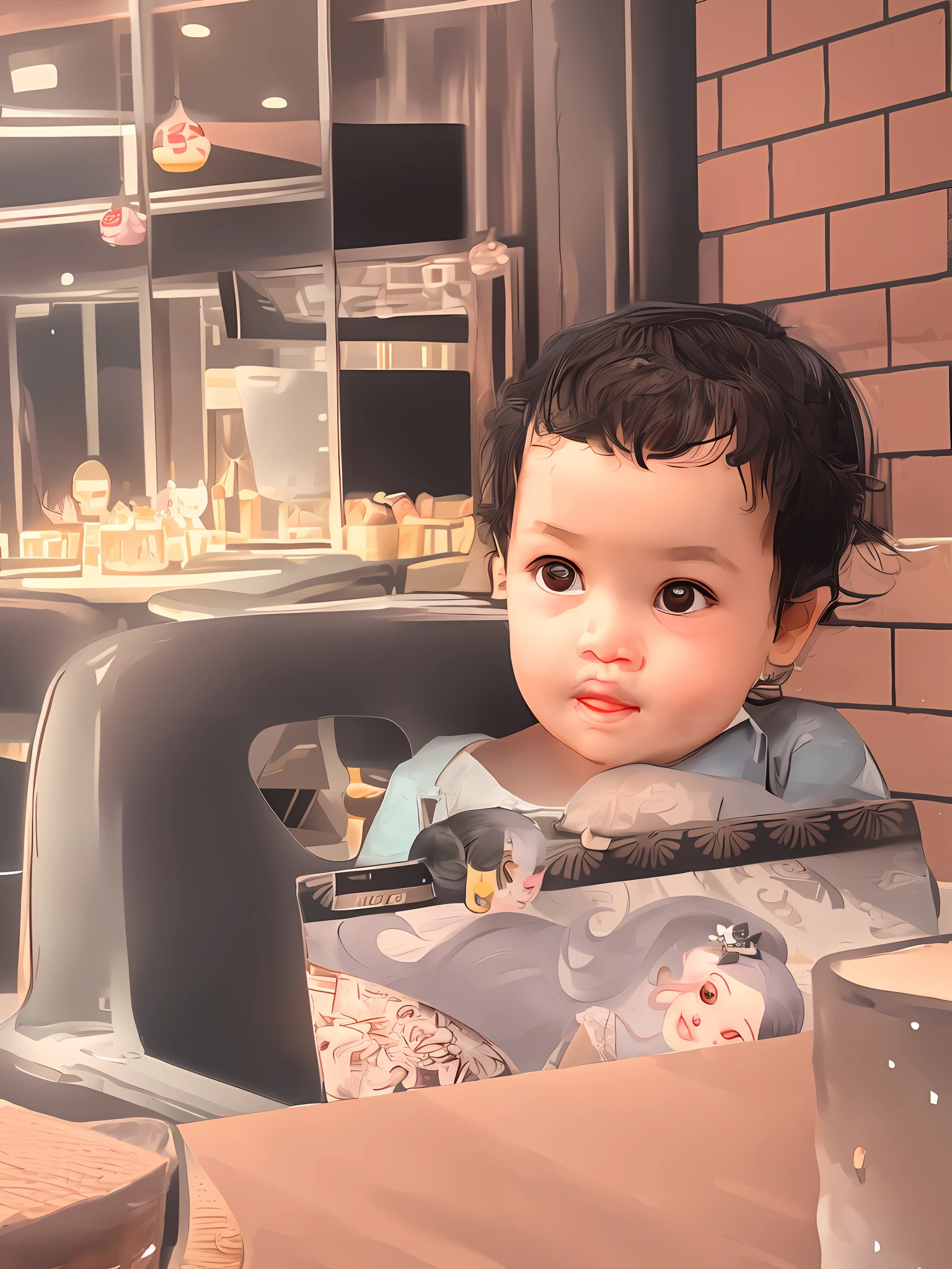 baby girl with black hair, little baby character in a restaurant, detailed, cute, masterpiece, best quality