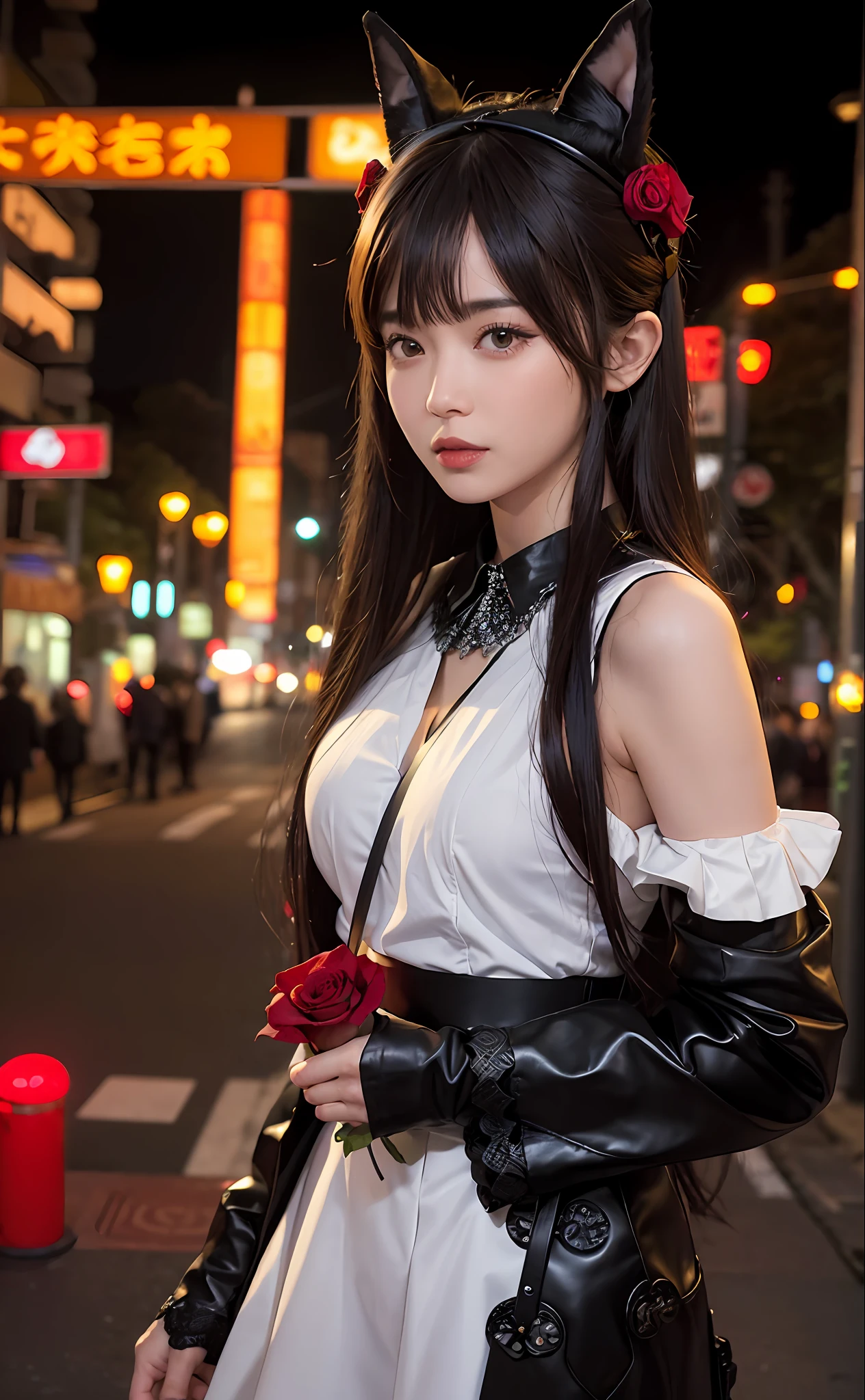 1girl, Tokyo street,night, cityscape,city lights, upper body,close-up, 8k, RAW photo, best quality, masterpiece,realistic, photo-realistic,headgear of red rose, parted bangs, long hair,