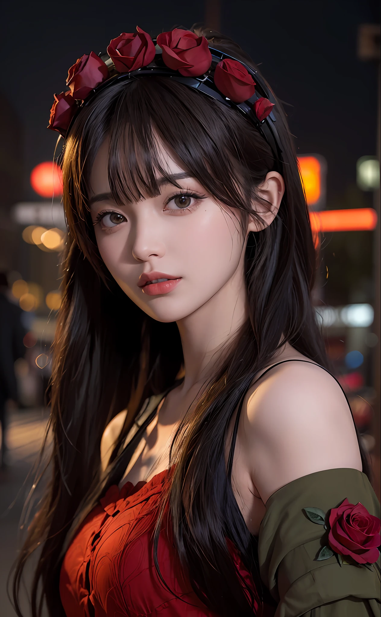 1girl, Tokyo street,night, cityscape,city lights, upper body,close-up, 8k, RAW photo, best quality, masterpiece,realistic, photo-realistic,headgear of red rose, parted bangs, long hair,