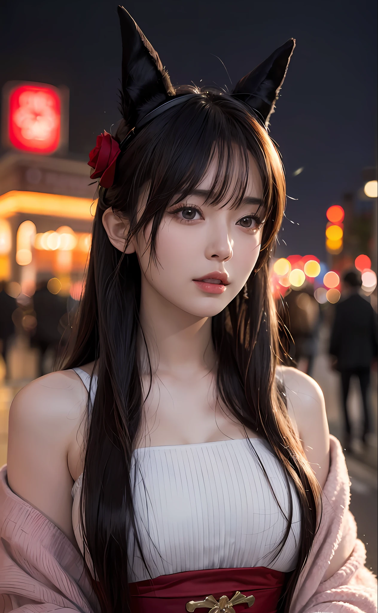 1girl, Tokyo street,night, cityscape,city lights, upper body,close-up, 8k, RAW photo, best quality, masterpiece,realistic, photo-realistic,headgear of red rose, parted bangs, long hair,