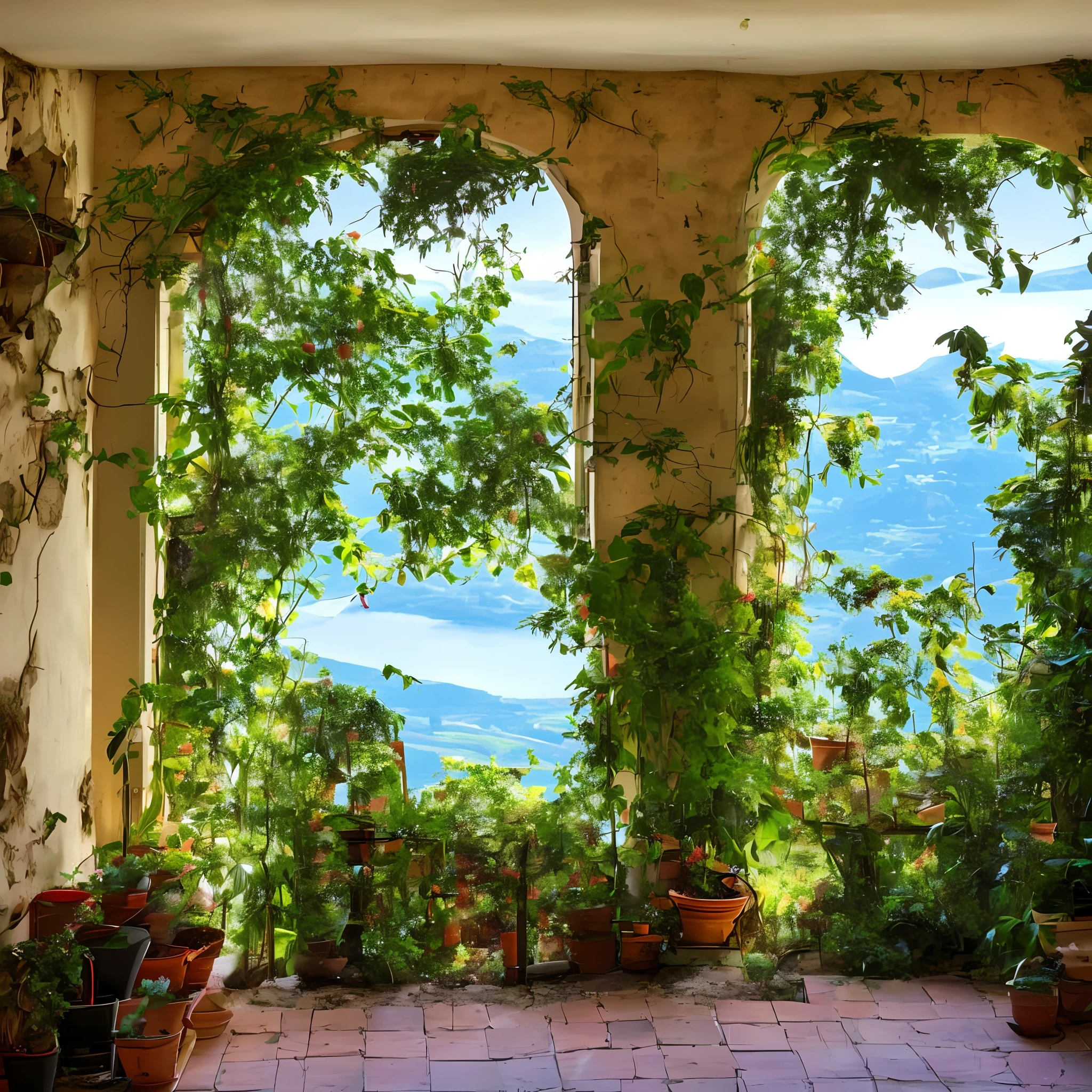 Inside of an old Italian house with a tropical landscape outside of the windows