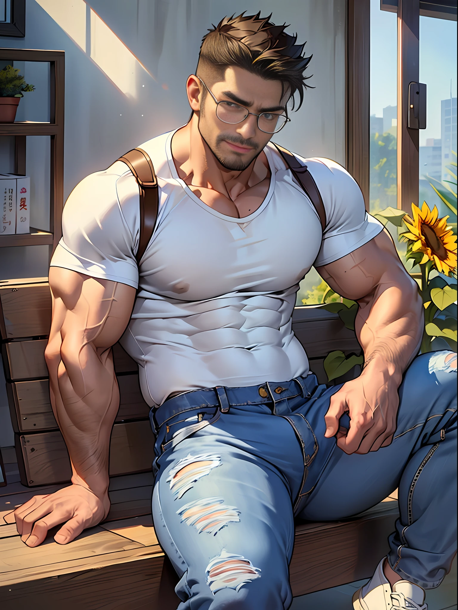 30 years old, big eyes, Chinese male, stubble, white inch, huge muscles, exaggerated muscles, mature man, muscle swelling, bodybuilding, pectoral muscles, abs, plenty of sunflowers, sitting position, wearing white shirt, open shirt, jeans, sneakers, natural light, wheat-colored skin, 1man, metal glasses