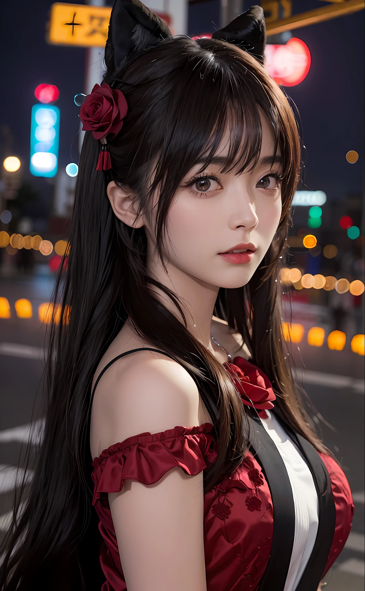 1girl, Tokyo street,night, cityscape,city lights, upper body,close-up, 8k, RAW photo, best quality, masterpiece,realistic, photo-realistic,headgear of red rose, parted bangs, long hair,