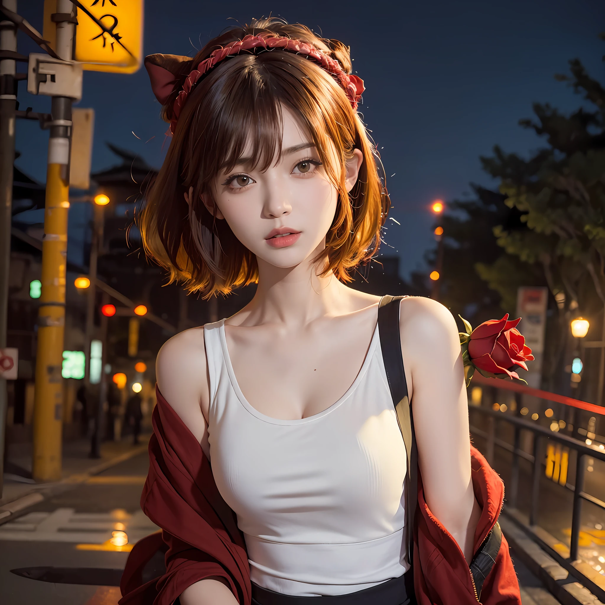 1boy, Tokyo Street, Night, Cityscape, City Lights, Upper Body, Close Up, 8k, RAW Photo, Best Quality, Masterpiece, Realism, Realism, Red Rose Headdress, Split Bangs, Short Hair, Big Waves, Yellow Hair Color, White Top