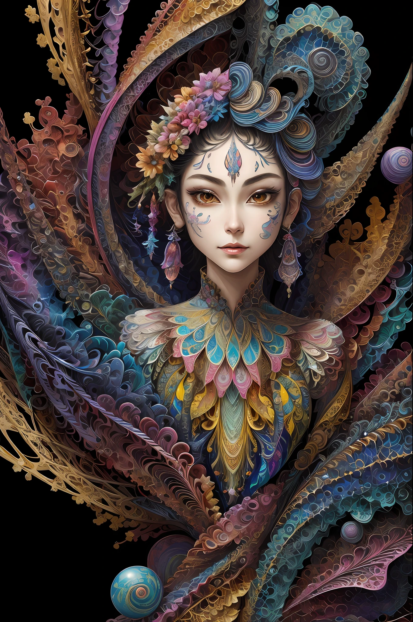 (masterpiece, top quality, best quality, official art, beautiful and aesthetic:1.2), (1girl:1.3), extremely detailed,(fractal art:1.2),colorful,highest detailed,(zentangle:1.2), (dynamic pose), (abstract background:1.5), (treditional dress:1.2), (shiny skin), (many colors:1.4), upper body, masterpiece, best quality,high quality,highres, 16K,RAW,ultra highres,ultra details,finely detail,an extremely delicate and beautiful,extremely detailed,real shadow, anime,highly detailed painted,award winning glamour paintting,wonderful paintting,art style,stylized,