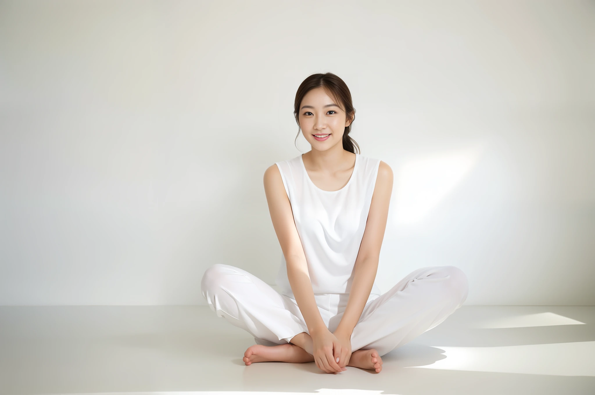 (masterpiece), best quality, (ultra detailed), highres, high-resolution, 8k portrait, unity 8k wallpaper, realistic , RAW photo, real person, portrait photography, photorealistic, shiny skin, detailed skin, 　there is a woman sitting on the floor in a white room, beautiful asian woman sitting, a young asian smile woman, woman is sitting, young asian woman, beautiful young korean woman, relaxed pose, attractive pose, confident relaxed pose, beautiful young asian woman, sitting pose, in white room, Bright room with sunlight
