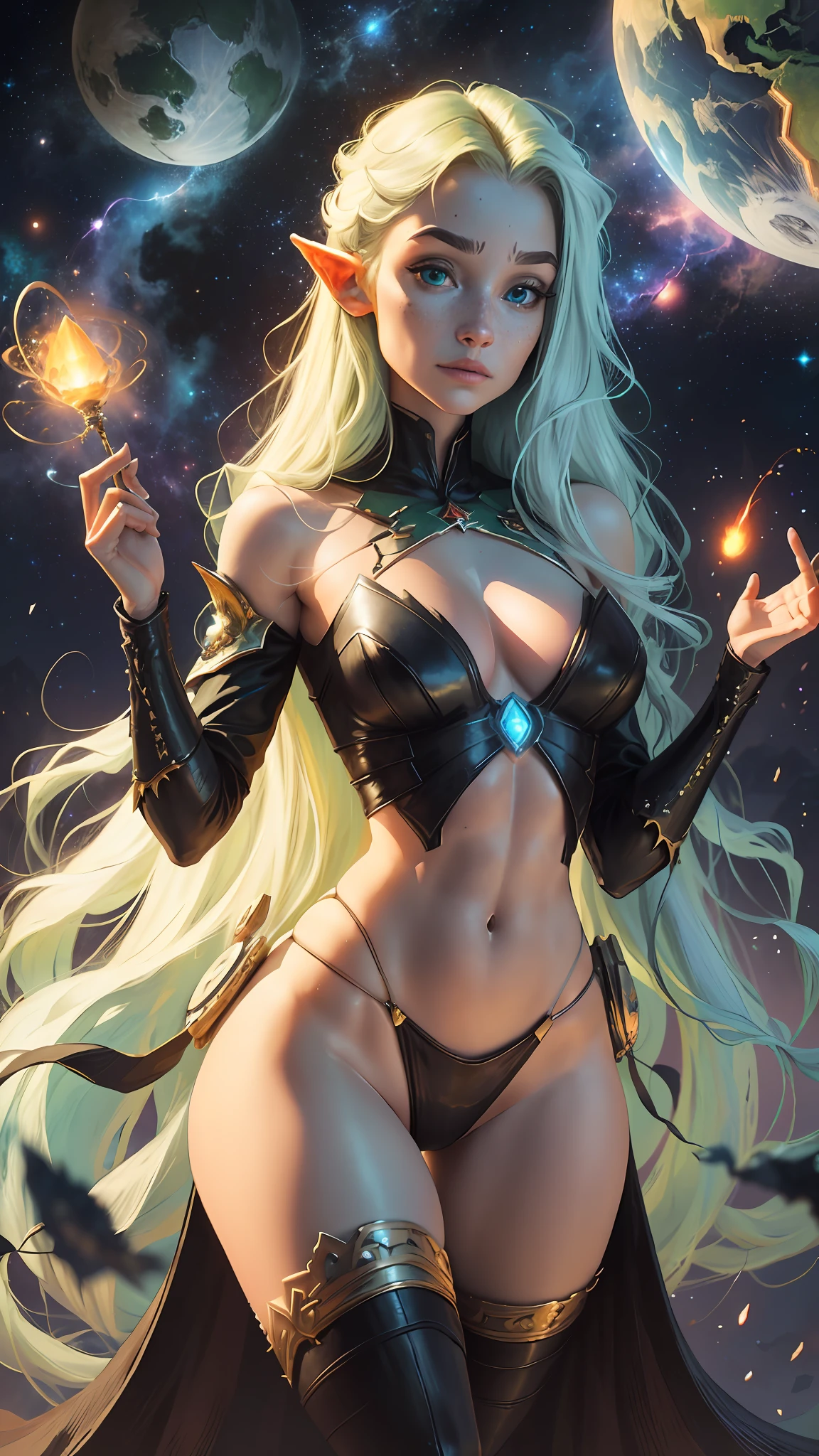 a portrait of an green goblin girl with freckles and bright striking blue eyes posing for a photo, thick legs, muscular, fit, defined abs, full body, thong, white freckles, long flowing green hair flying, portrait, beautiful pale makeup, color portrait, stunning portrait, elegant freckles, wearing black thongs, black gloves, starshine, gold dust spread across the skin and face, walking. (background of magical night forest, deep woods, starlight skies), soft cinematic light, soft tones, insane details, intricate details, suitable for viewing in public places, { in a distant future where the boundaries between science fiction and fantasy have dissolved, the world is a tapestry of awe-inspiring wonders. Enter a universe where magic and technology coexist in harmony, shaping the destiny of civilizations across vast reaches of space.At the heart of this realm lies the Celestial Nexus, an intergalactic hub of mystical energies and technological marvels. Here, arcane knowledge intertwines with cutting-edge science, giving rise to a society where spaceships are imbued with the power of ancient spells, and technology is augmented by the mystic arts.Embark on a grand odyssey as a young explorer, destined to unravel the secrets of the Celestial Nexus. As you traverse the uncharted realms of the cosmos, encounter diverse civilizations teeming with beings who possess extraordinary abilities. From the ethereal Elven Spires, where the art of inter-dimensional travel is perfected, to the cybernetic enclaves of the Android Conglomerate, witness the tapestry of life as magic and technology intertwine.Unleash your latent powers as you become attuned to the energies that flow through the Nexus. Harness the ancient incantations of forgotten sorceries to propel your star-ship across the vast expanse of the cosmos. Engage in epic battles against cosmic abominations and interstellar tyrants, wielding enchanted }