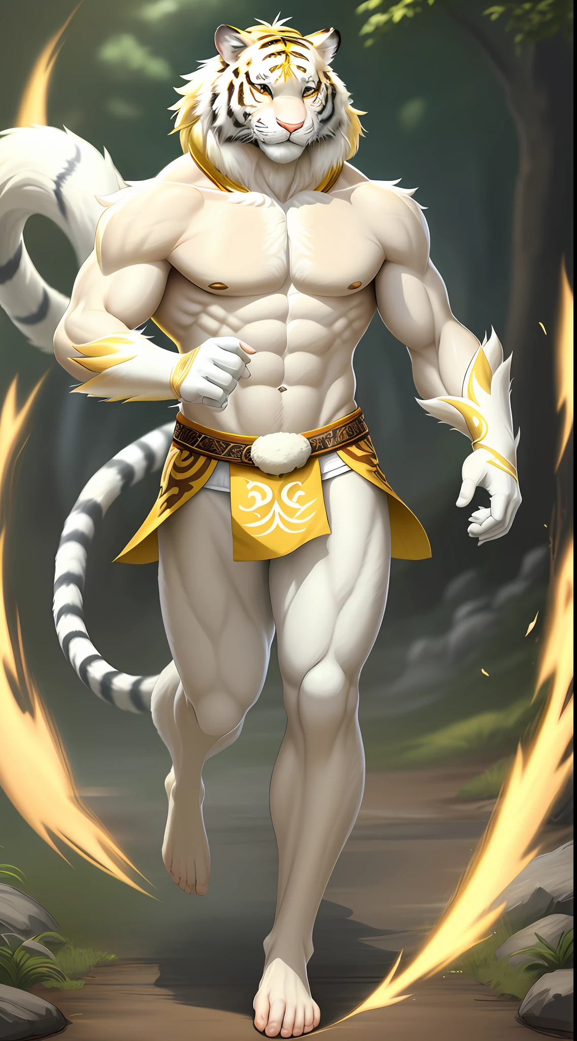 Furry art, white and light yellow tiger, full body, male, Chinese fancy clothing, hand paws, tail, blue poncho, bare belly, brown short pants, barefoot, innocent look, looking at the viewer, smile, smiling, comic art style, detailed fluffy fur, hairy body, 8K, dynamic lighting, beautiful, green background.