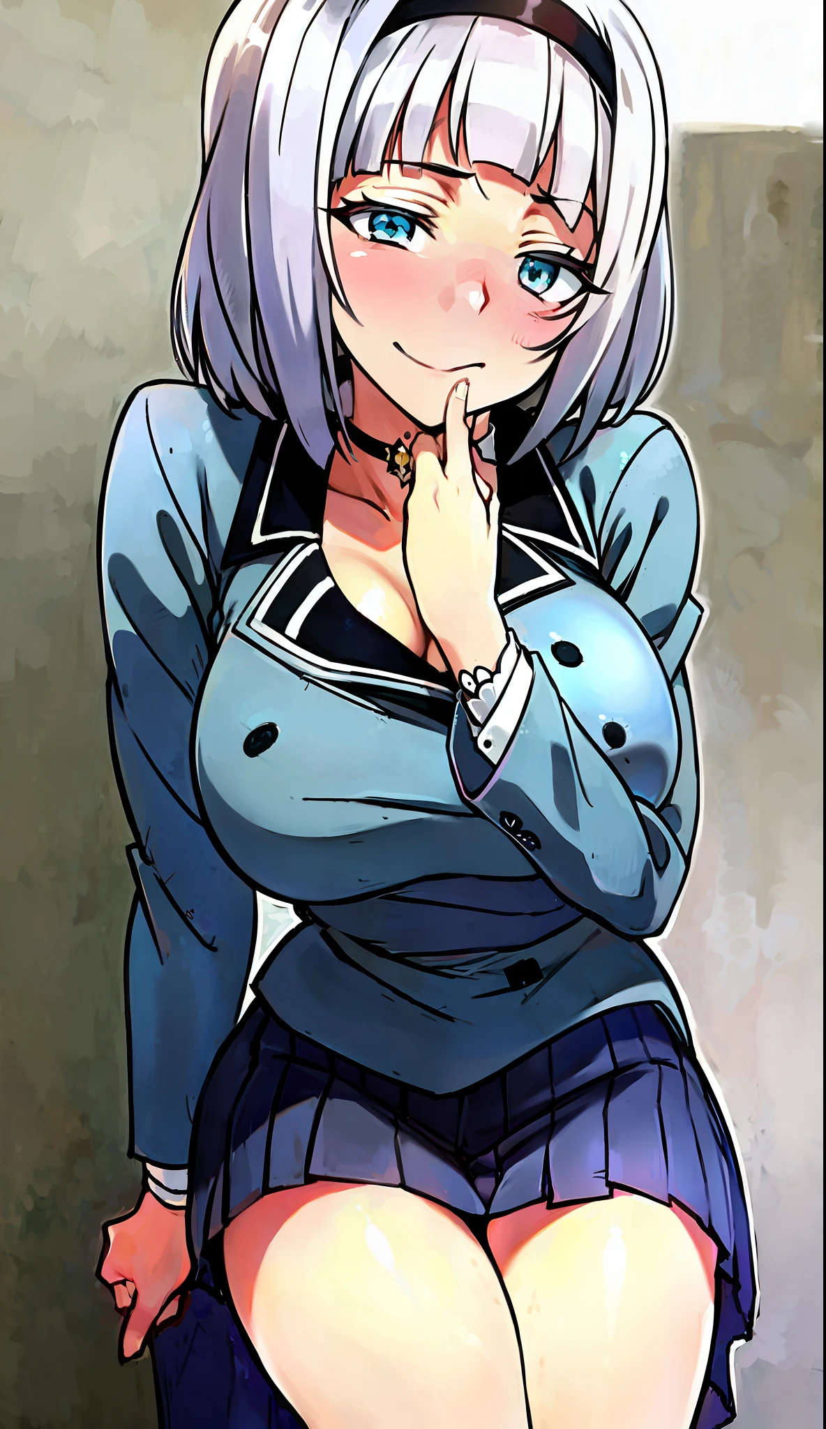 masterpiece, 8k, 4k, high quality, Anna Nishikinomiya Shimoneta, lustful anime girl with short silver hair and sea blue eyes, wearing black headband, gapmoe yandere in ecstacy, hands on face, flaunting luscious hips and massive breasts, wearing an untucked white school t-shirt with a buttoned up dark grey school overcoat, wearing a long blue school skirt and black leggings, https://www.pixiv.net/en/artworks/51735719, artist クシャビリア, anime shimoneta, pixiv top rankings, danbooru top rankings, good artist,