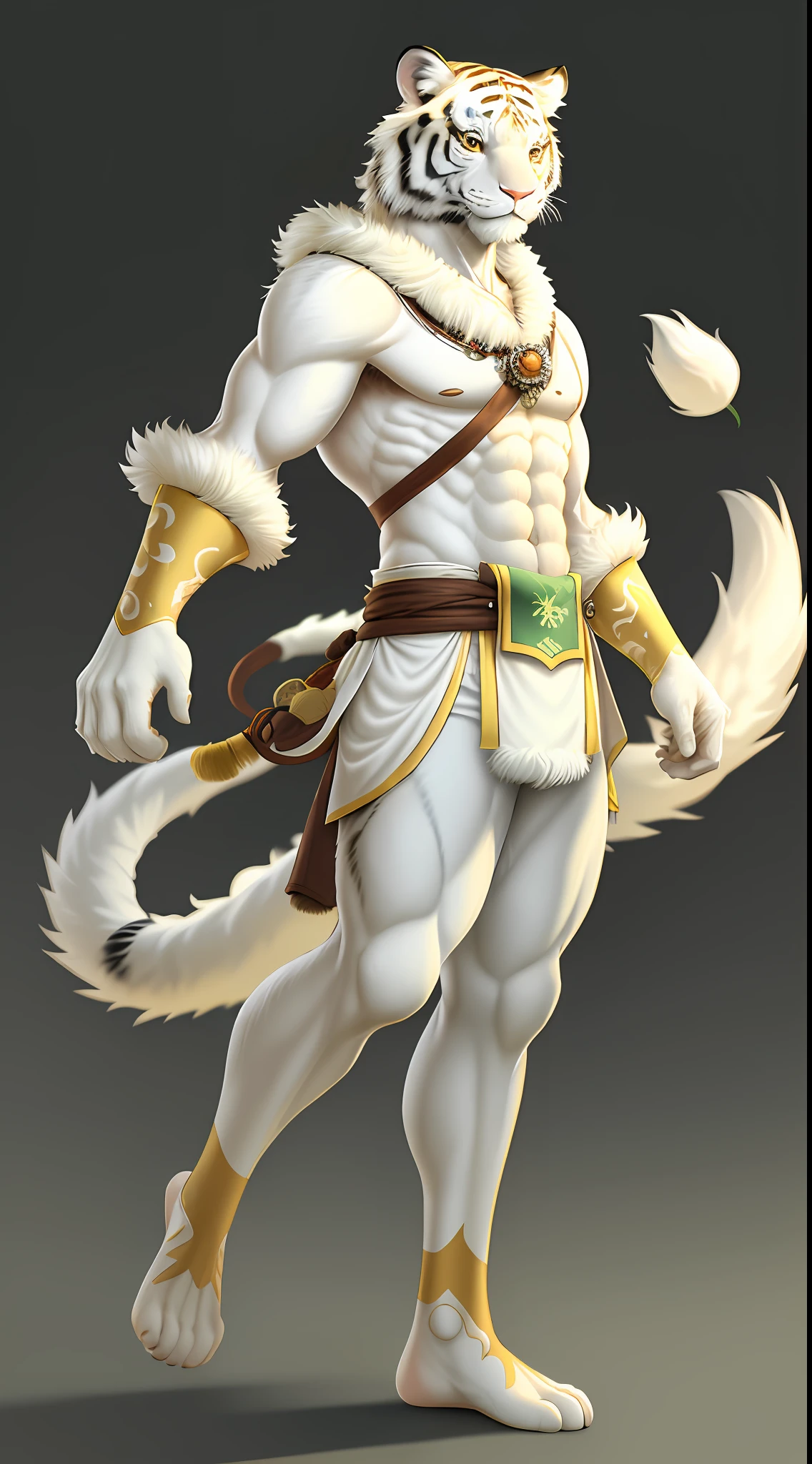 Furry art, white and light yellow tiger, full body, male, Chinese fancy clothing, hand paws, tail, blue poncho, bare belly, brown short pants, barefoot, innocent look, looking at the viewer, smile, smiling, comic art style, detailed fluffy fur, hairy body, 8K, dynamic lighting, beautiful, green background.