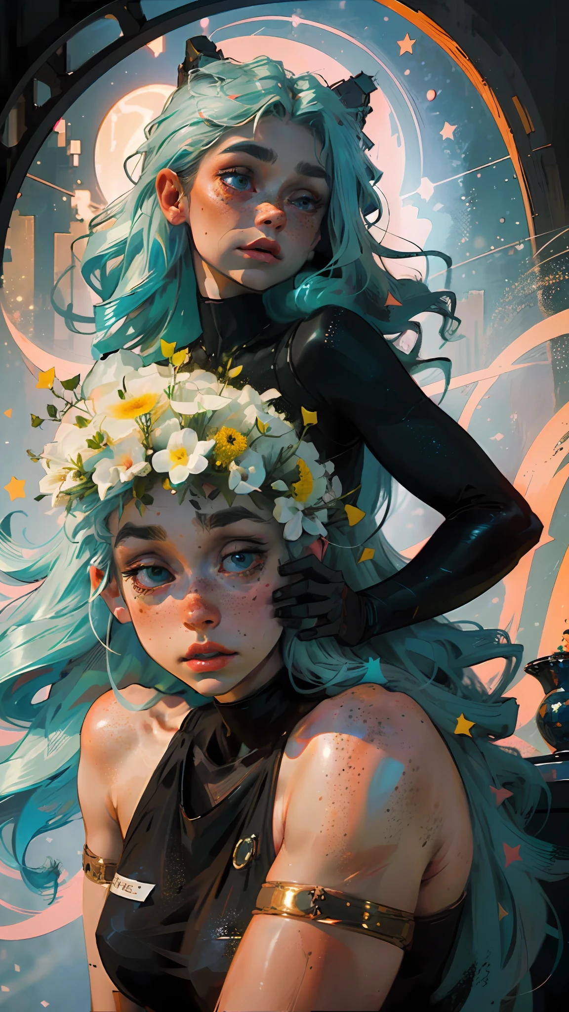 a portrait of an goblin girl with freckles and bright striking blue eyes posing for a photo, thick legs, muscular, fit, defined abs, full body, thong, white freckles, long flowing green hair flying, portrait, beautiful pale makeup, color portrait, stunning portrait, elegant freckles, wearing black thongs, black gloves, starshine, gold dust spread across the skin and face, walking. (dark, hyper-realistic photos (((portrait))) of glass refraction 1vase, background of magical night forest, deep woods, starlight skies, soft cinematic light, soft tones, insane details, intricate details, suitable for viewing in public places, perfectly