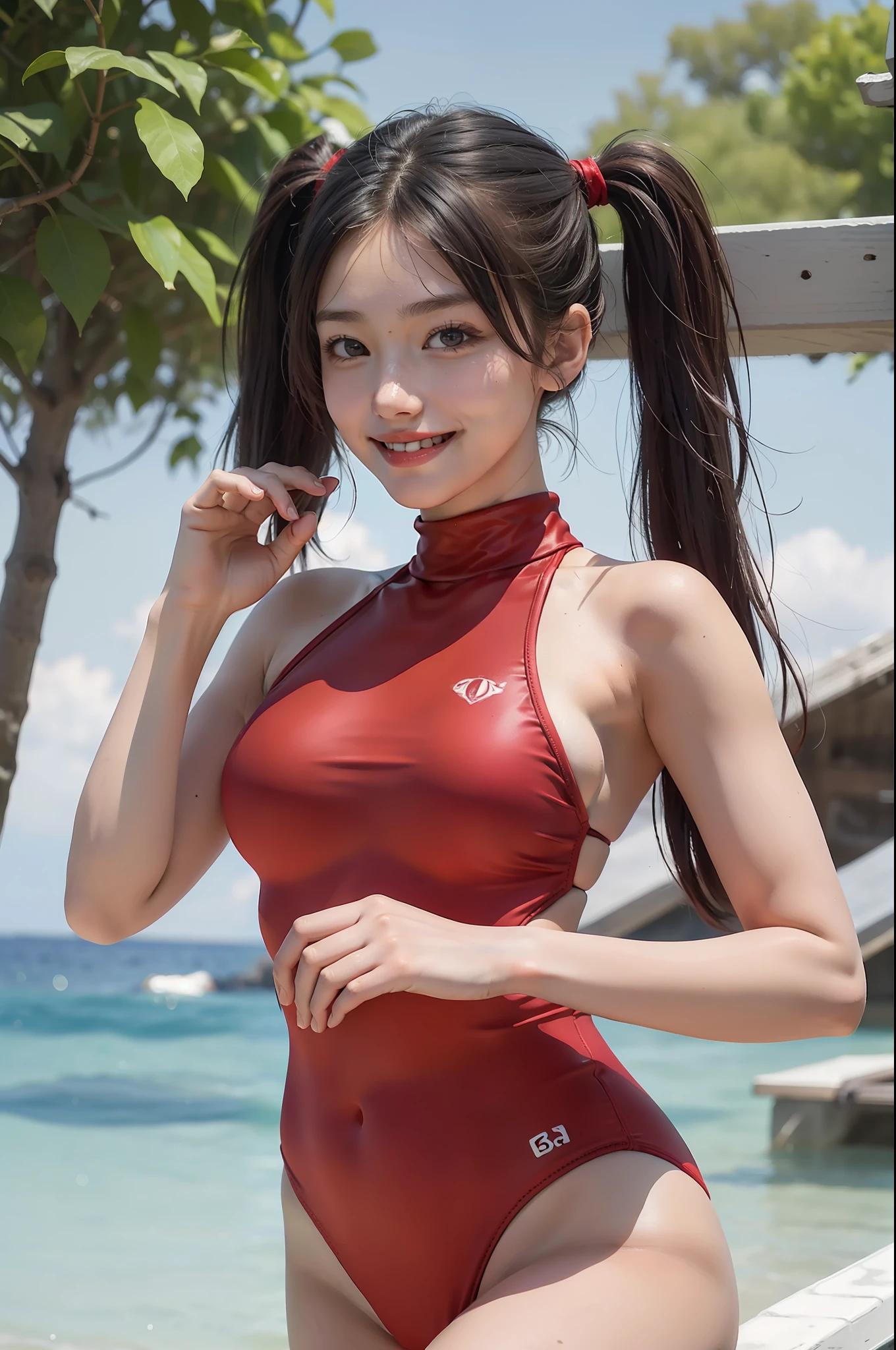 Top Quality, Masterpiece, (Realistic: 1.2), red swimsuit, upper body, twin tails, hanging eyes, smile