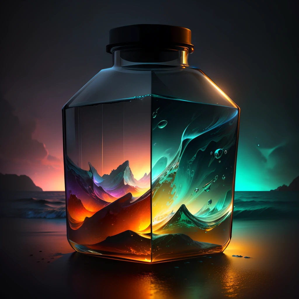 sea trapped in a bottle, night background, atmospheric lighting, 4k UHD, dark vibes, hyper detailed, vibrant colours, epic composition, octane render, sharp focus, high resolution isometric, fantastic art,