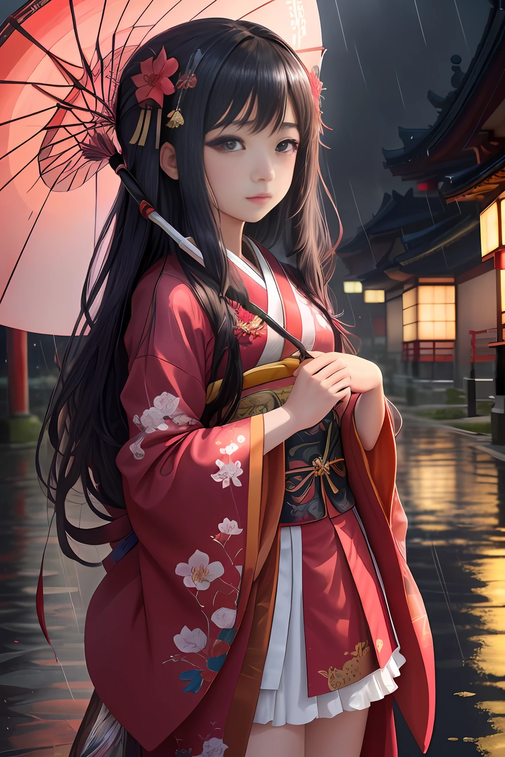 (8k, RAW photo: 1.2), best quality, ultra high resolution, dramatic angle, (splashes of detailed and vibrant colors), (illustration), (((1 Japanese girl)))), (dark pink long hair), (rain:0, 9), (hair ornament: 1.4), there is an ancient palace next to the girl, Chinese clothes, (focus on), colorful painting with ink, (splashes of colors), colored splashes, (((color))), (sketch: 0, 8),  Masterpiece, best quality, beautifully painted, highly detailed, (noise reduction: 0, 6), [paint splash], ((paint refraction)), (beautiful detailed sky), moon, highly detailed, (masterpiece, best quality, extremely detailed 8k CG unit wallpaper, masterpiece, best quality, ultra-detailed), (Lycoris radiata)