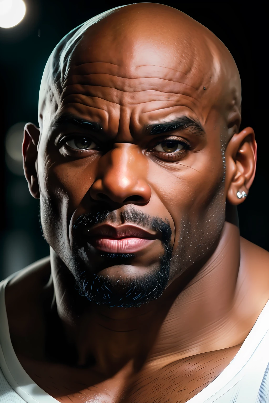 full body portrait photo of Ronnie coleman, RAW, bald, ((detailed face)), ((detailed facial features)), (finely detailed skin), black skin, (inside a gym) (cold colors), damp, damp, reflections, (masterpiece) (perfect aspect ratio)(realistic photo)(best quality) (detailed) photographed on a Canon EOS R5, 50mm lens, F/2.8, HDR, (8k) (wallpaper) (cinematic lighting) (dramatic lighting) (sharp focus) (intricate) without beard, no shadow