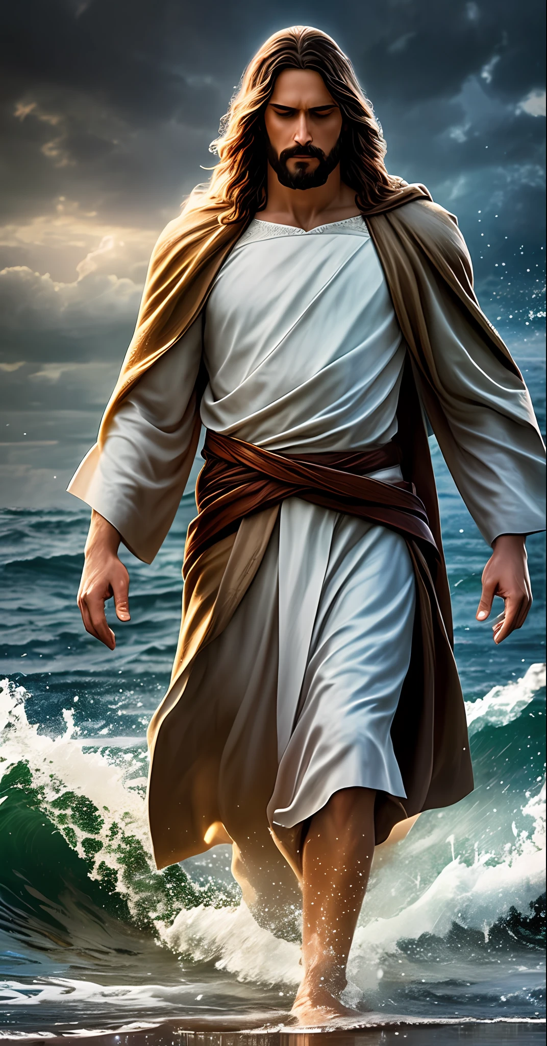 jesus walking on water in the middle of a storm at sea, masterpiece, best quality, high quality, 8k unit wallpaper CG extremely detailed, award-winning photography, Bokeh, Depth of Field, HDR, bloom, chromatic aberration, photorealistic, extremely detailed, trend in artstation, trend in CGsociety, intricate, high detail, dramatic, art in the middle of the journey, volumetric lighting