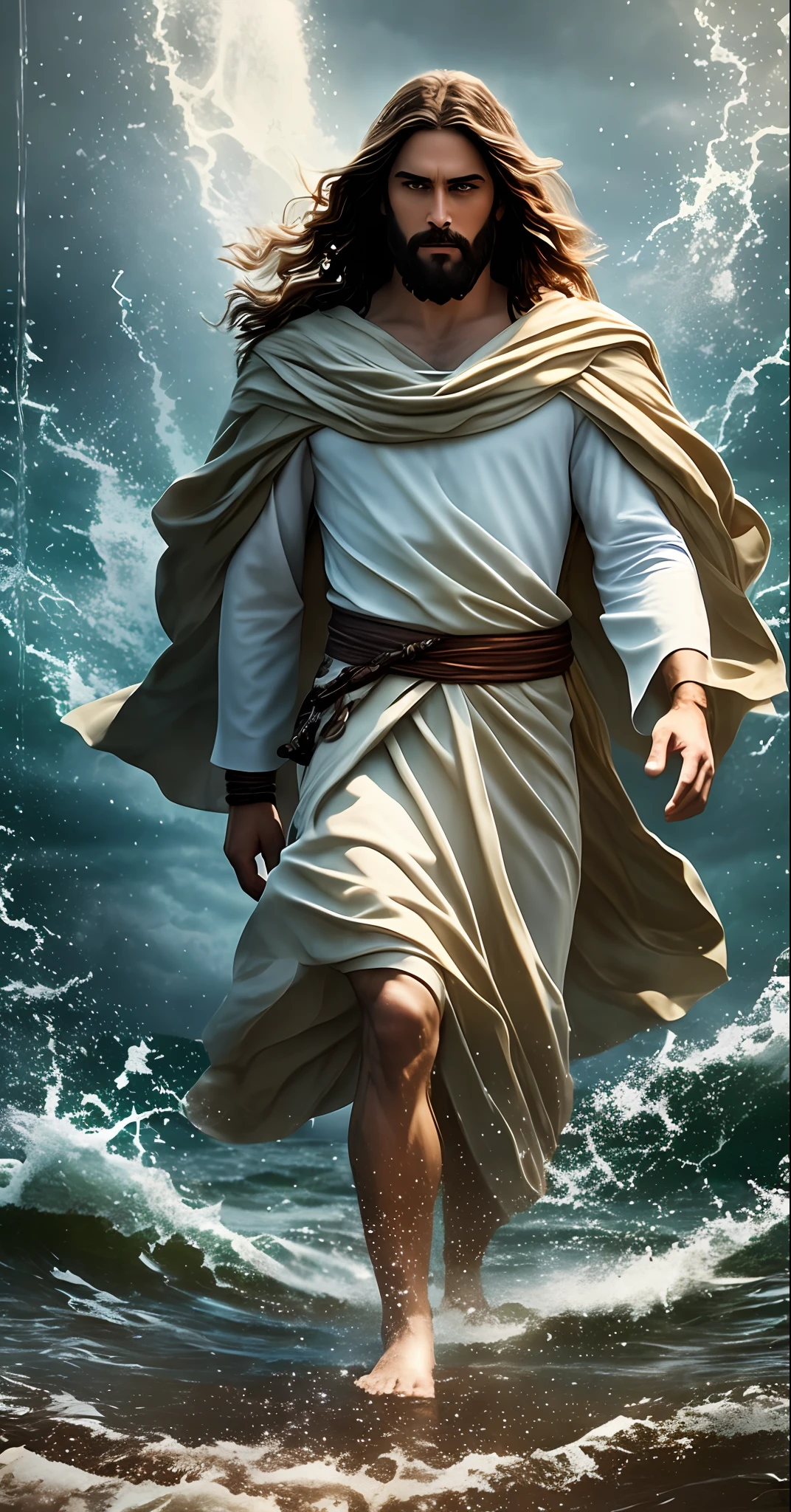 jesus walking on water in the middle of a storm at sea, masterpiece, best quality, high quality, 8k unit wallpaper CG extremely detailed, award-winning photography, Bokeh, Depth of Field, HDR, bloom, chromatic aberration, photorealistic, extremely detailed, trend in artstation, trend in CGsociety, intricate, high detail, dramatic, art in the middle of the journey, volumetric lighting