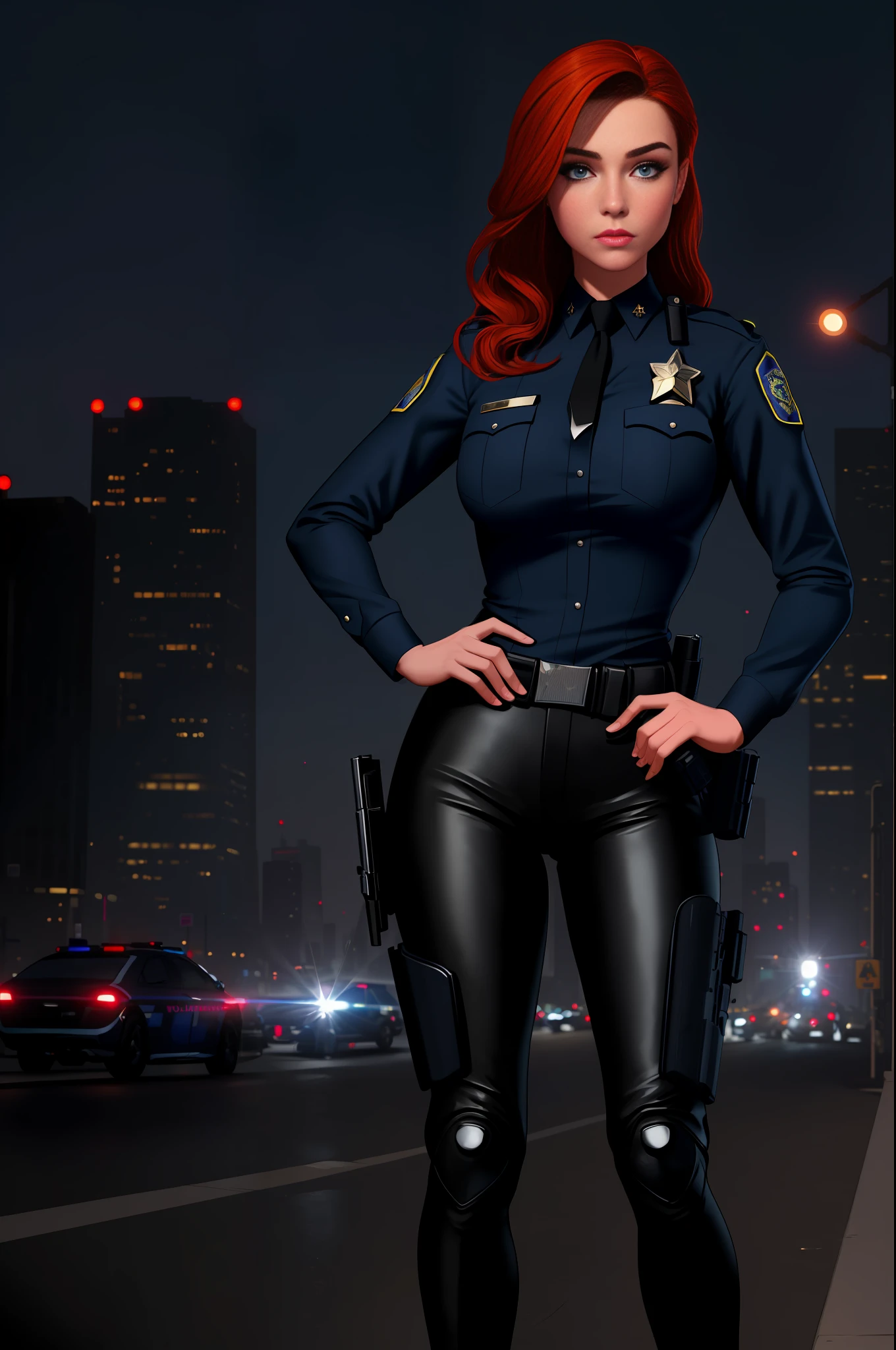 ((best quality)), ((masterpiece)), ((ultra realistic)), french redhead, beautiful detailed face, detailed eyes, sexy police woman, dressed in a los angeles police officer's uniform, city backdrop, neon edge lighting, highly detailed, professional, bare legs, full body, standing, hip pistol holster, black pants,