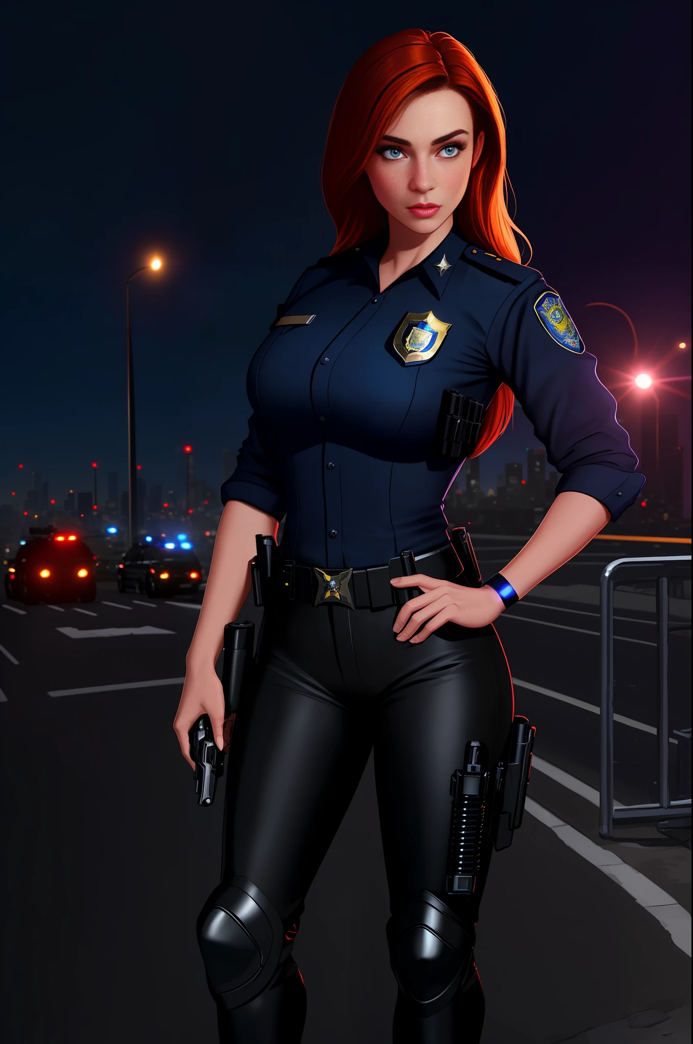((best quality)), ((masterpiece)), ((ultra realistic)), french redhead, beautiful detailed face, detailed eyes, sexy police woman, dressed in a los angeles police officer's uniform, city backdrop, neon edge lighting, highly detailed, professional, bare legs, full body, standing, hip pistol holster, black pants,