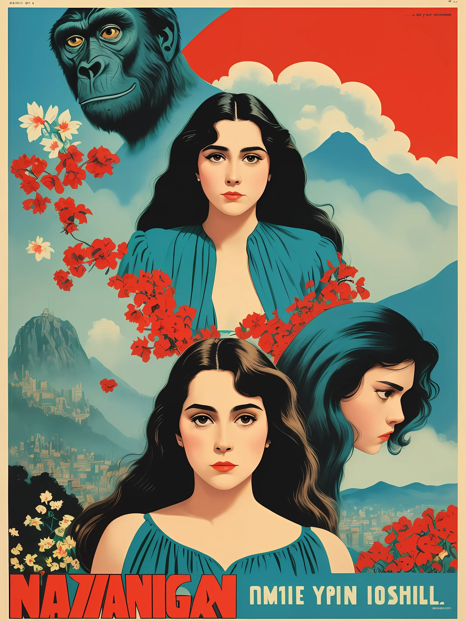 a close up of a poster for a movie with a woman in a dress, an album cover by Ignacio Zuloaga, tumblr, fine art, king kong, movie poster from 1960s, 1 9 8 0's movie poster, 1 9 7 0 s movie poster, 1 9 8 0 s movie poster, movie poster 7 0's