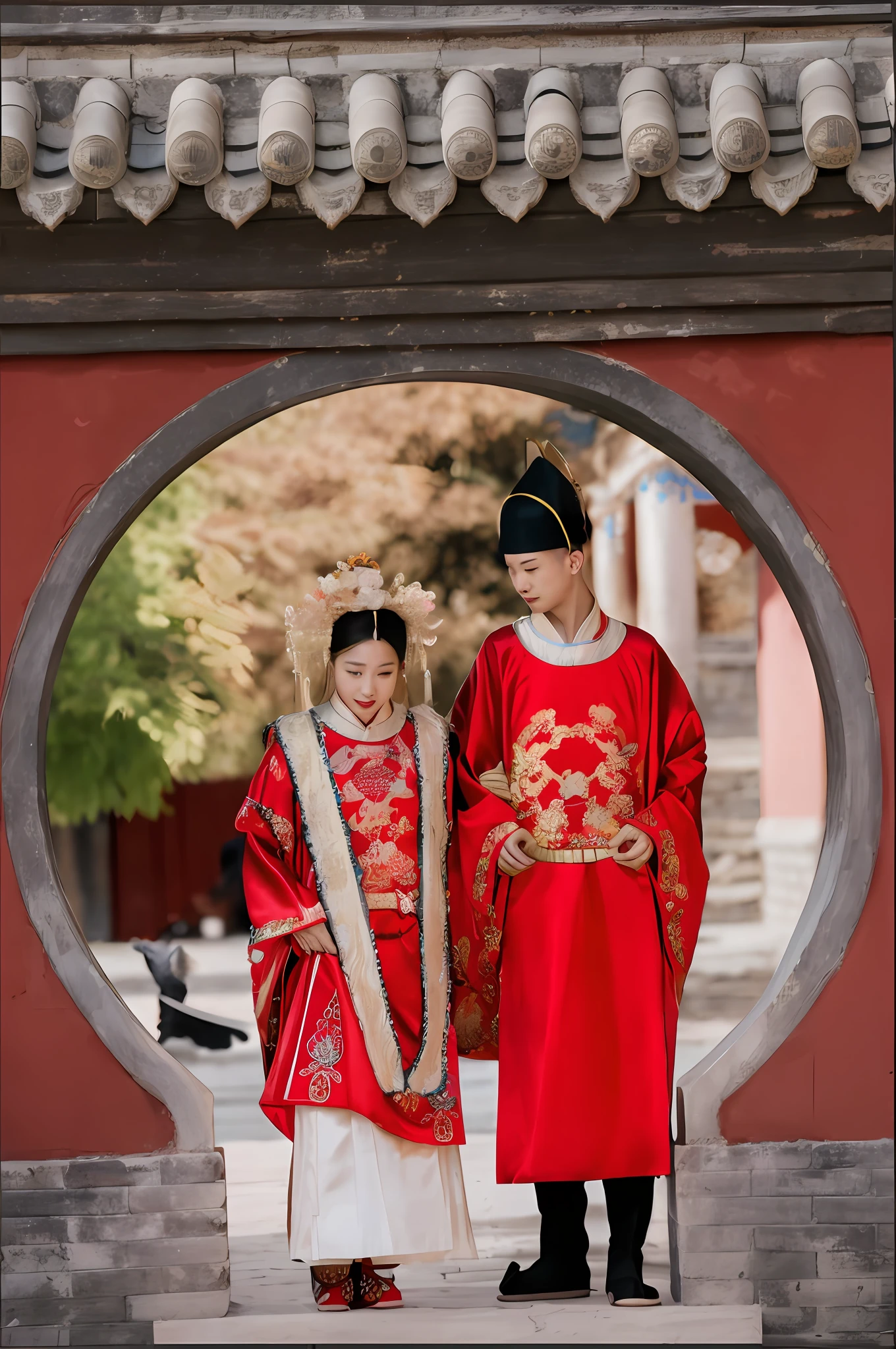 araffes in traditional chinese dress standing in a circular doorway, traditional chinese clothing, traditional chinese, hanfu, wearing ancient chinese clothes, chinese style, with acient chinese clothes, traditional clothing, wearing gilded red robes, chinese costume, chinese heritage, palace , a girl in hanfu, wearing ornate clothing, wearing ornate silk clothes, wearing red robes